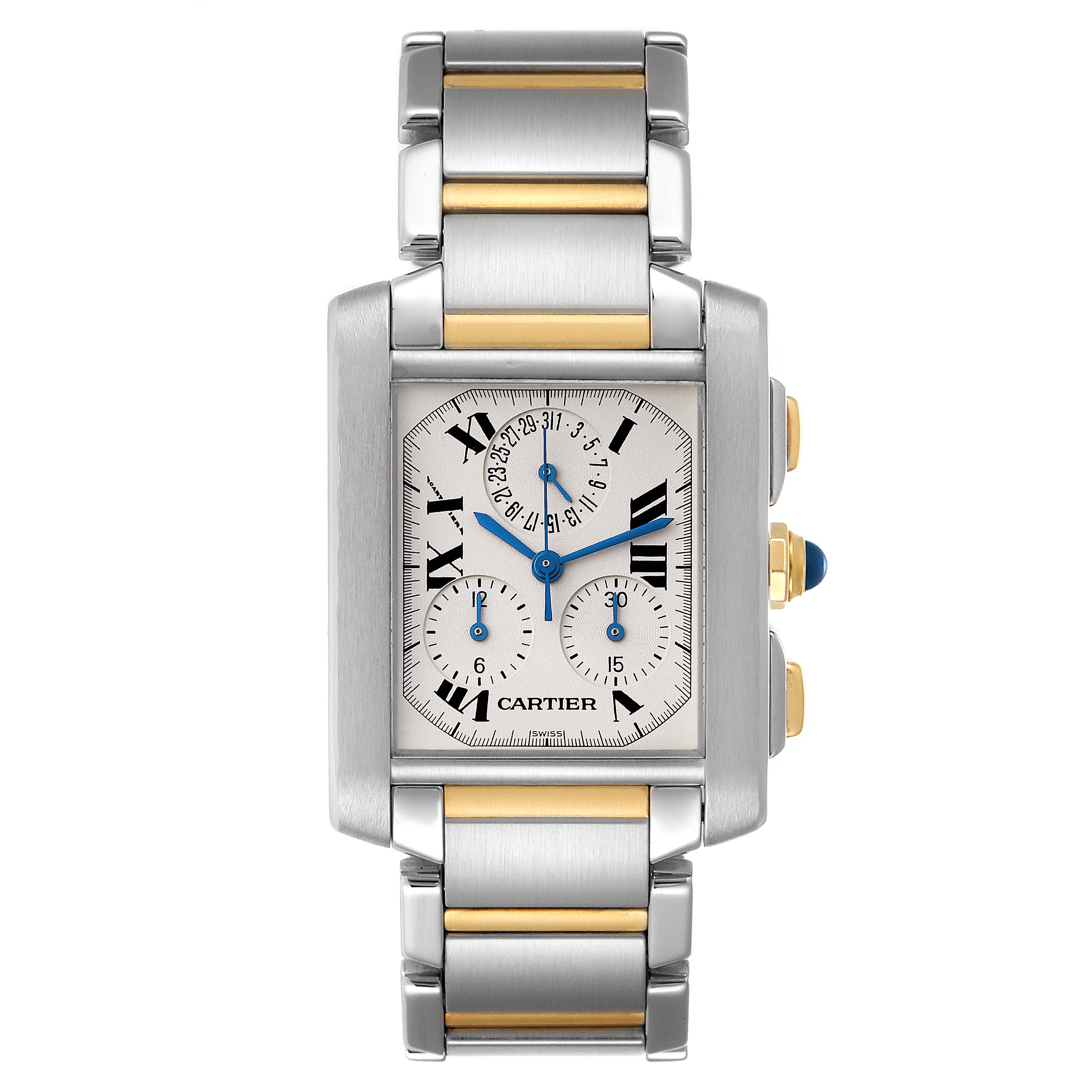 The Cartier Tank Francaise W51004Q4 Men's Steel and Gold (two tone) Silver Dial W51004Q4 Men's Steel and Gold (two tone) Silver Dial watch is shown from the front, displaying the face, bracelet, and side buttons.