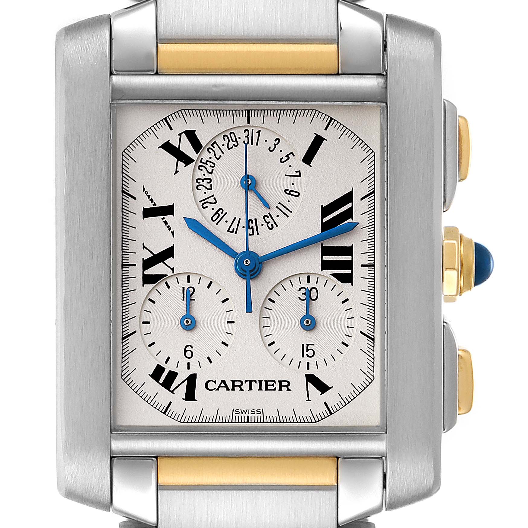 This image shows a close-up, front view of the Cartier Tank Francaise W51004Q4 Men's Steel and Gold (two tone) Silver Dial W51004Q4 Men's Steel and Gold (two tone) Silver Dial watch, highlighting its face, hands, and part of the stainless steel case.