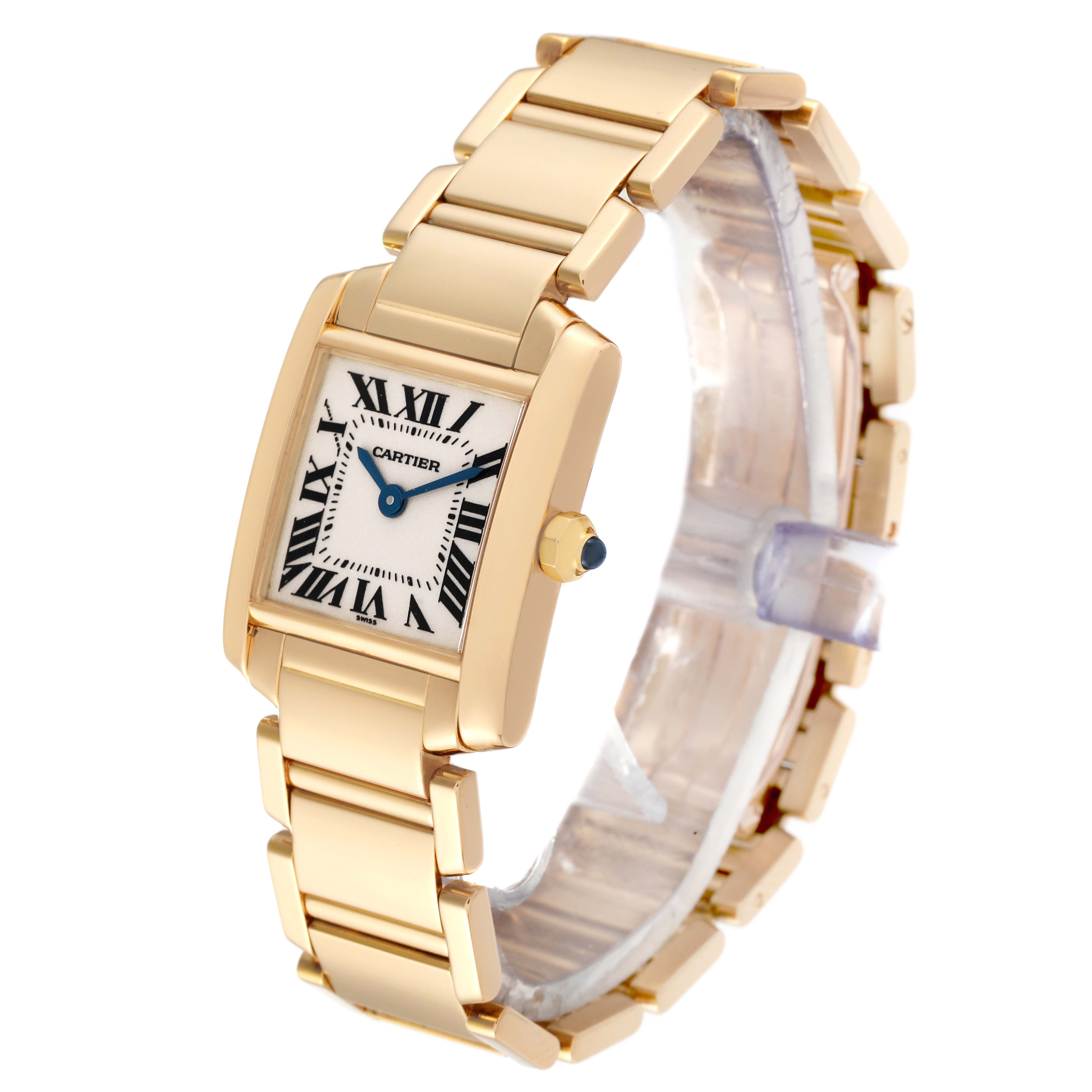 This image shows a gold Cartier Tank Francaise W50002N2 Women
s Yellow Gold Silver Dial W50002N2 Women
s Yellow Gold Silver Dial watch at a slight side angle, featuring its square dial and bracelet.