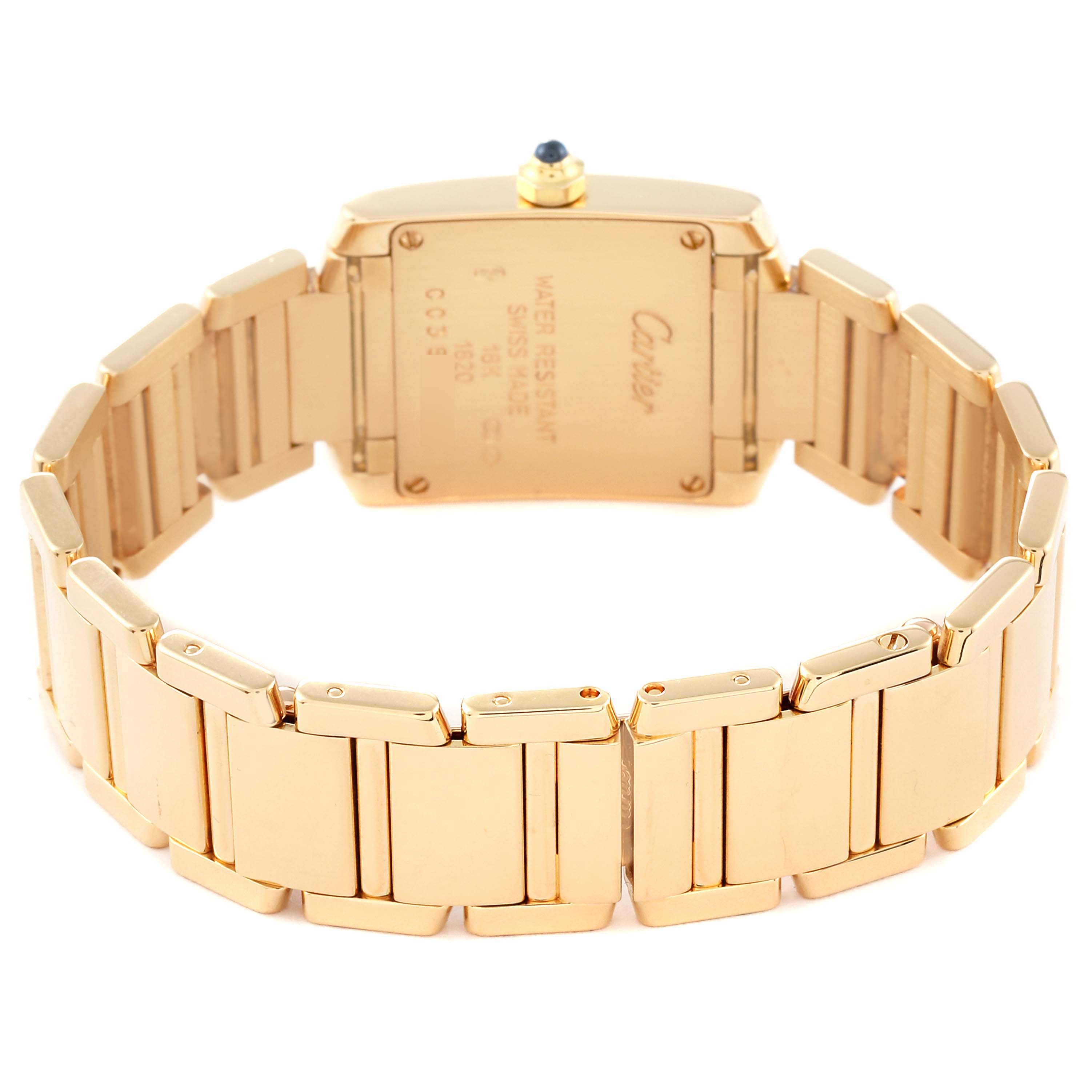 The image shows the back view of a Cartier Tank Francaise W50002N2 Women
s Yellow Gold Silver Dial W50002N2 Women
s Yellow Gold Silver Dial watch, displaying its gold bracelet and case back.