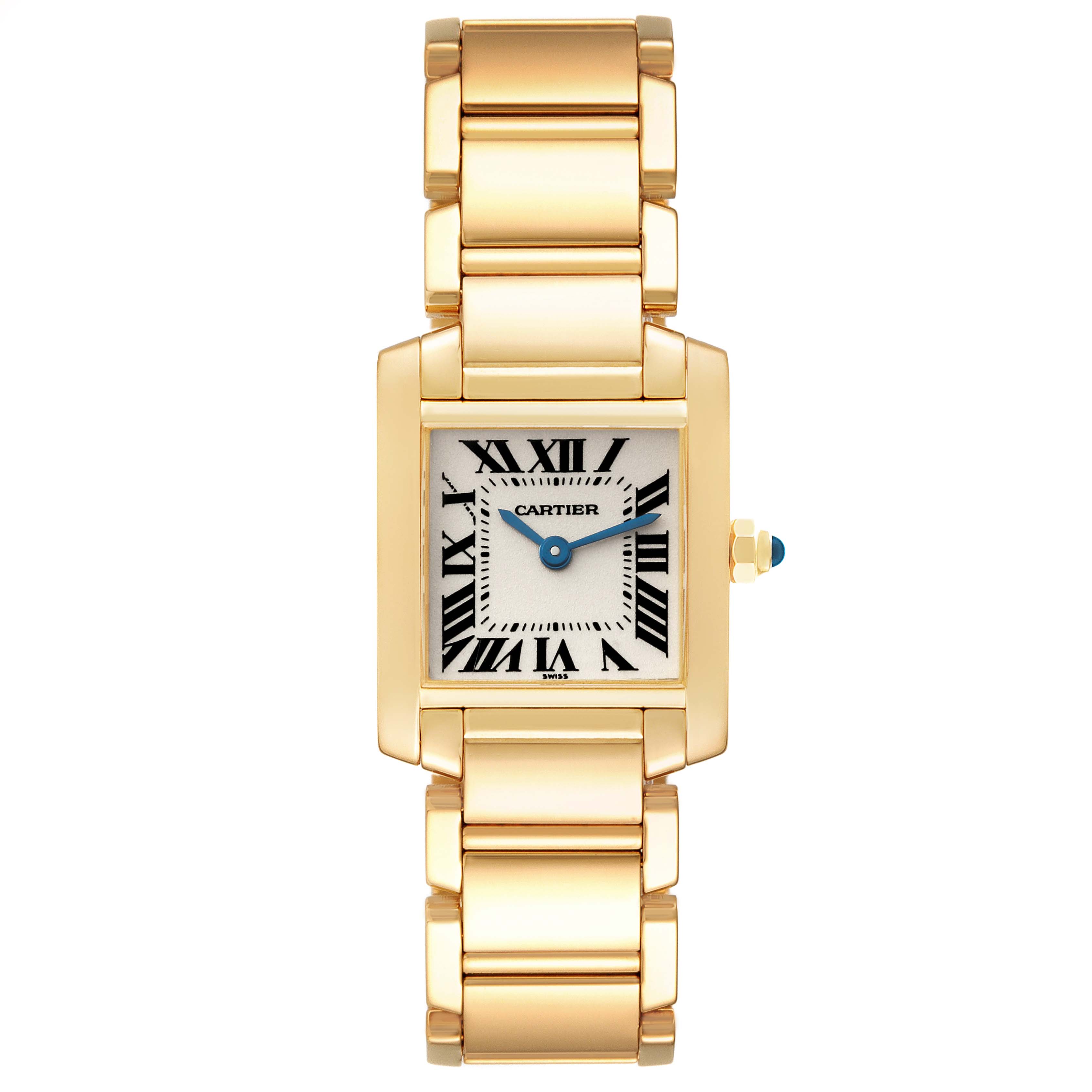 The image shows a top-down view of the Tank Francaise model by Cartier, featuring its gold bracelet and rectangular face with Roman numerals.