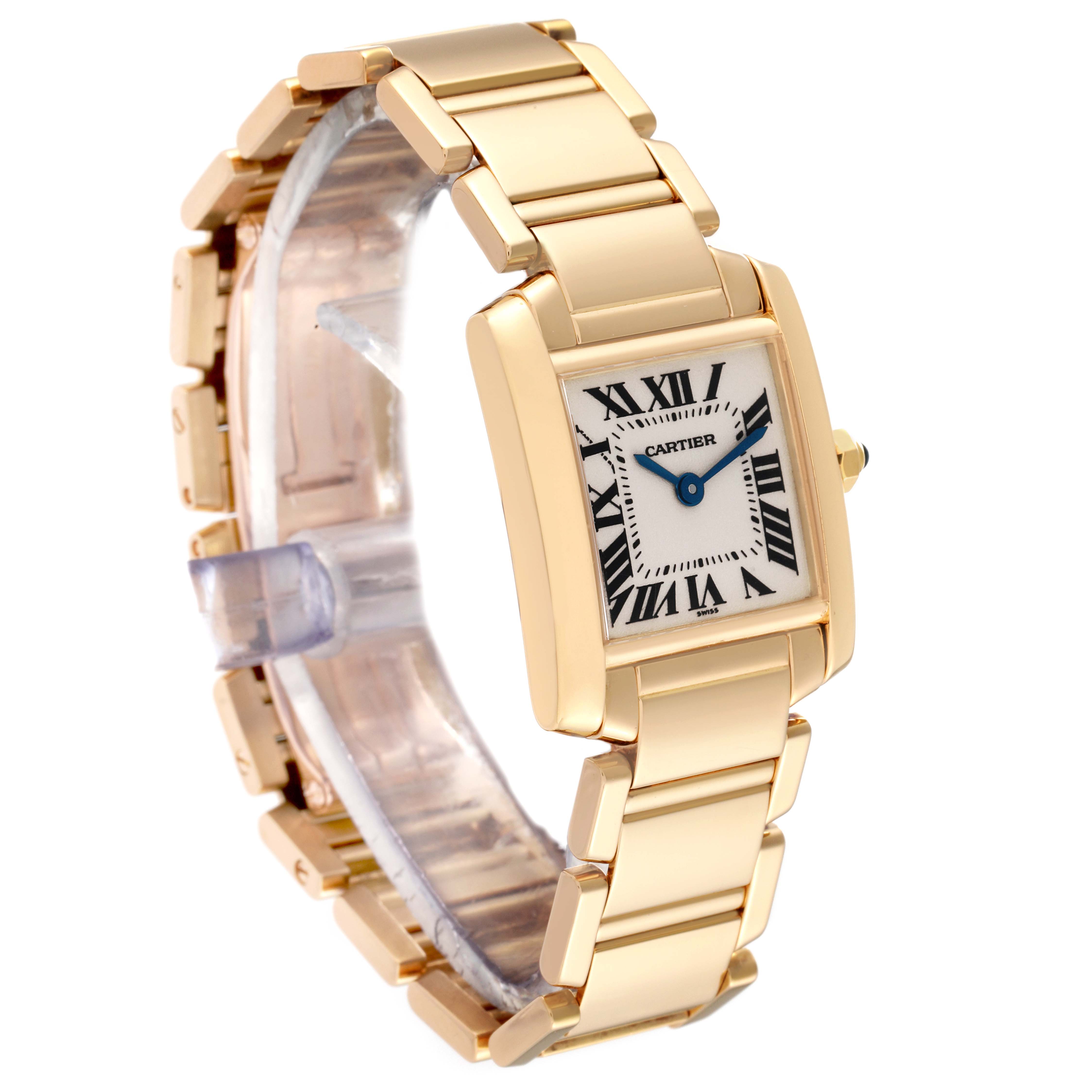 The image shows a Cartier Tank Francaise W50002N2 Women
s Yellow Gold Silver Dial W50002N2 Women
s Yellow Gold Silver Dial watch at a slight angle, highlighting its gold case, bracelet, and rectangular dial with Roman numerals.