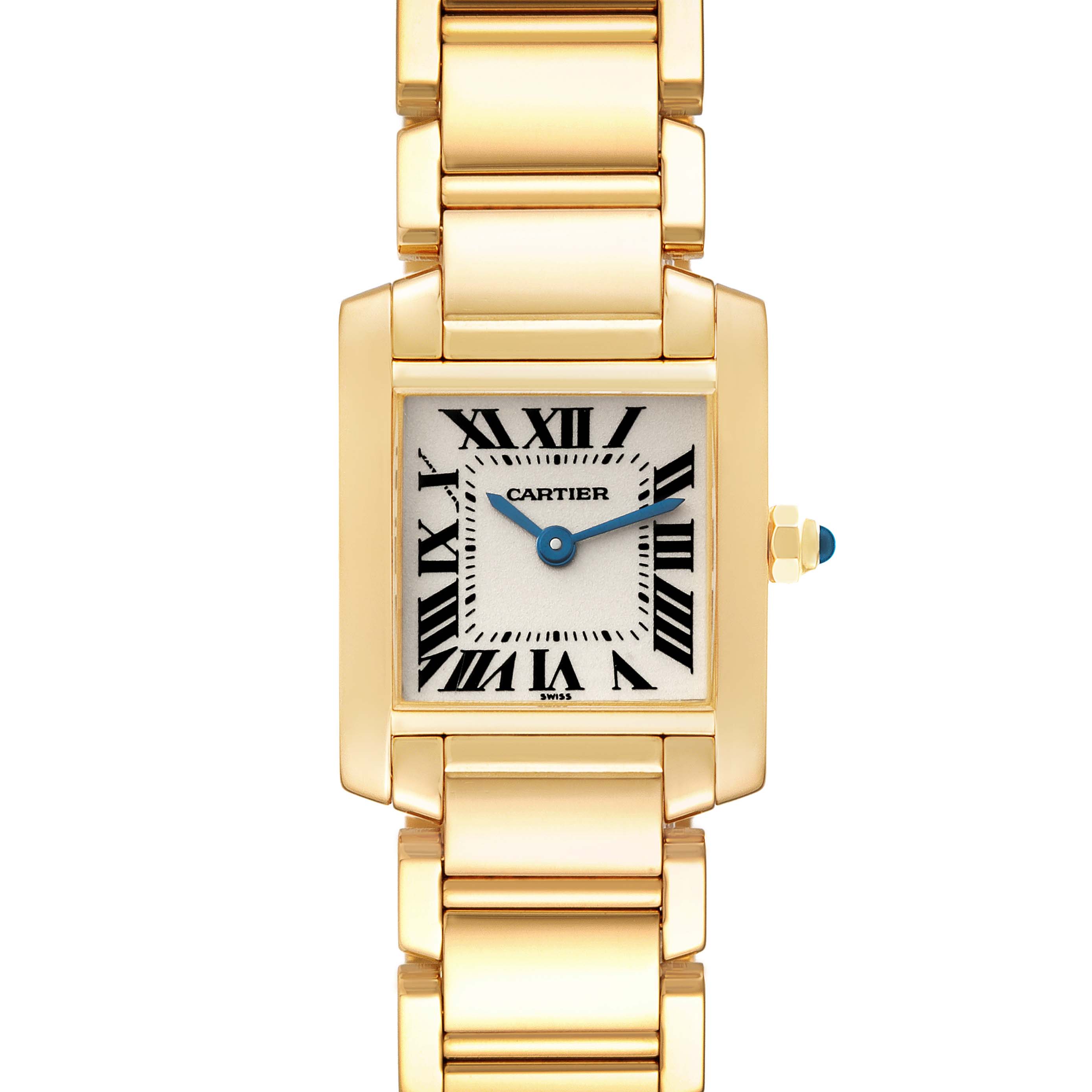 The image shows a front view of the Cartier Tank Francaise W50002N2 Women
s Yellow Gold Silver Dial W50002N2 Women
s Yellow Gold Silver Dial watch, featuring its face, crown, and bracelet.