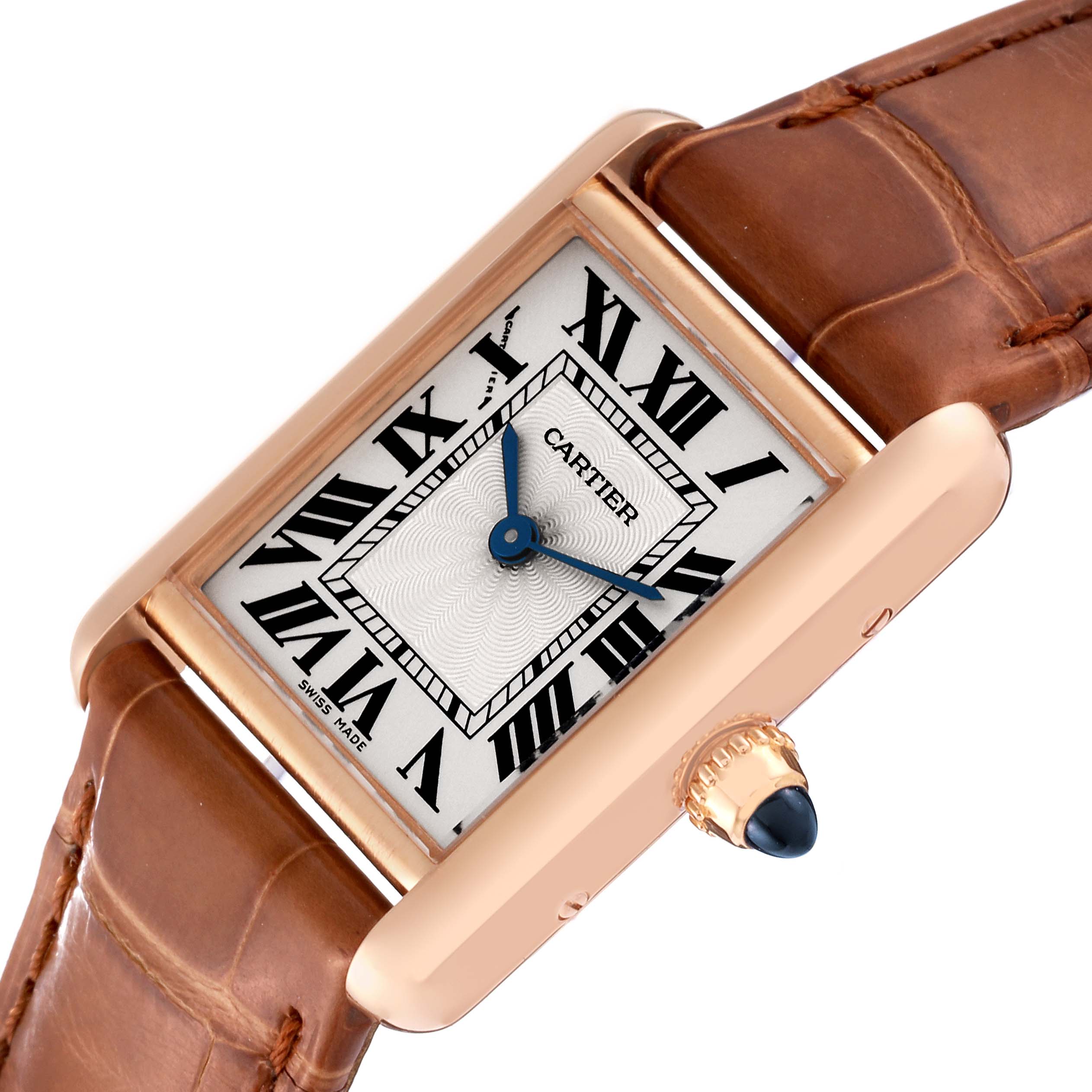 The Cartier Tank Louis WGTA0010 Women's Rose Gold Silver Dial WGTA0010 Women's Rose Gold Silver Dial model watch is shown at an oblique angle, highlighting the face, hands, leather strap, and crown.