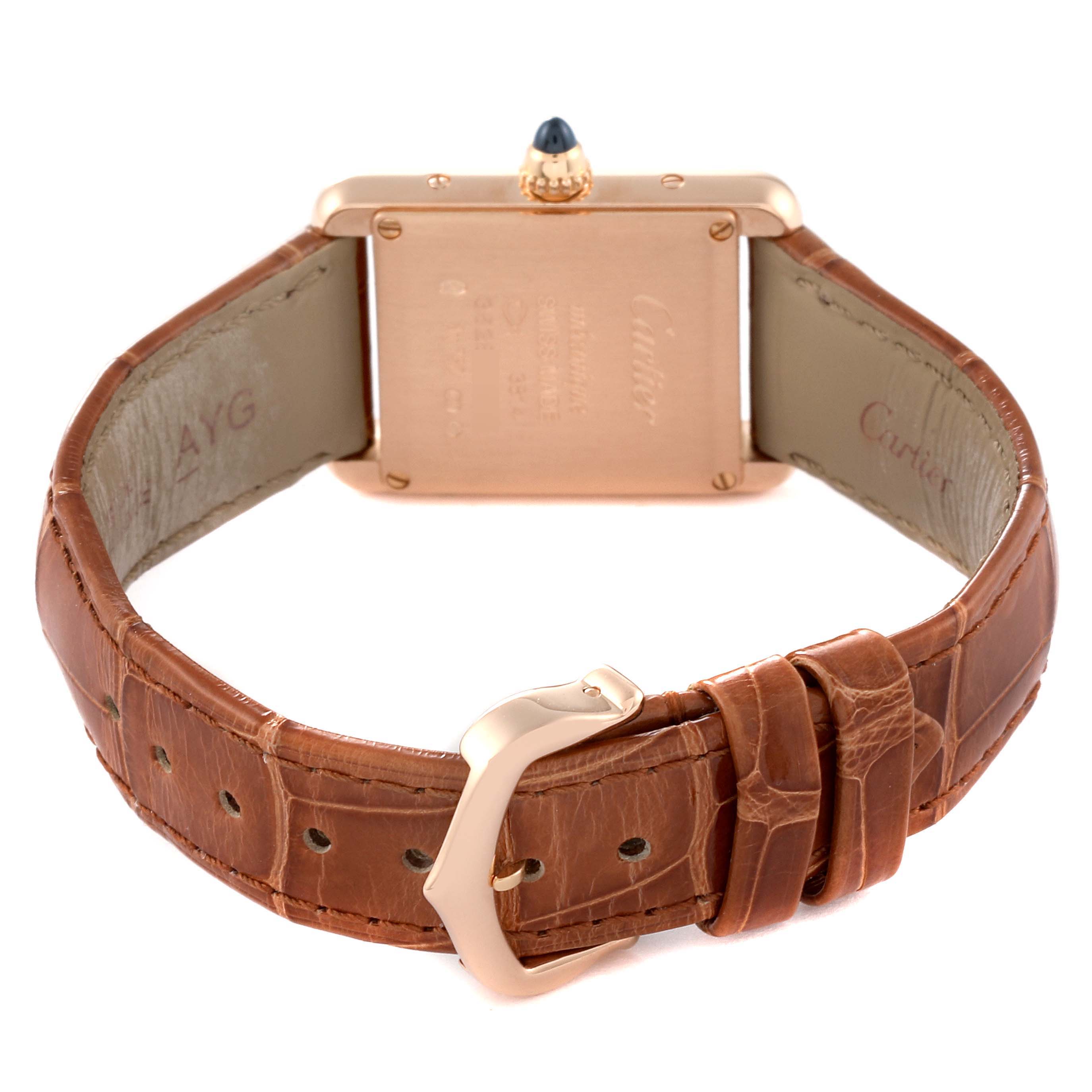 The image shows the back view of a Cartier Tank Louis WGTA0010 Women's Rose Gold Silver Dial WGTA0010 Women's Rose Gold Silver Dial watch, highlighting its case back, strap, and buckle.