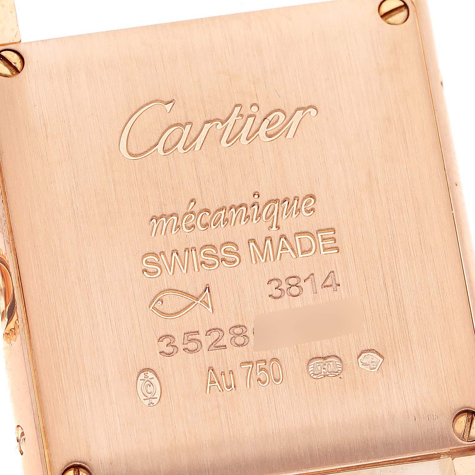 This is the back cover of a Cartier Tank Louis WGTA0010 Women's Rose Gold Silver Dial WGTA0010 Women's Rose Gold Silver Dial watch, showing engravings and screws.