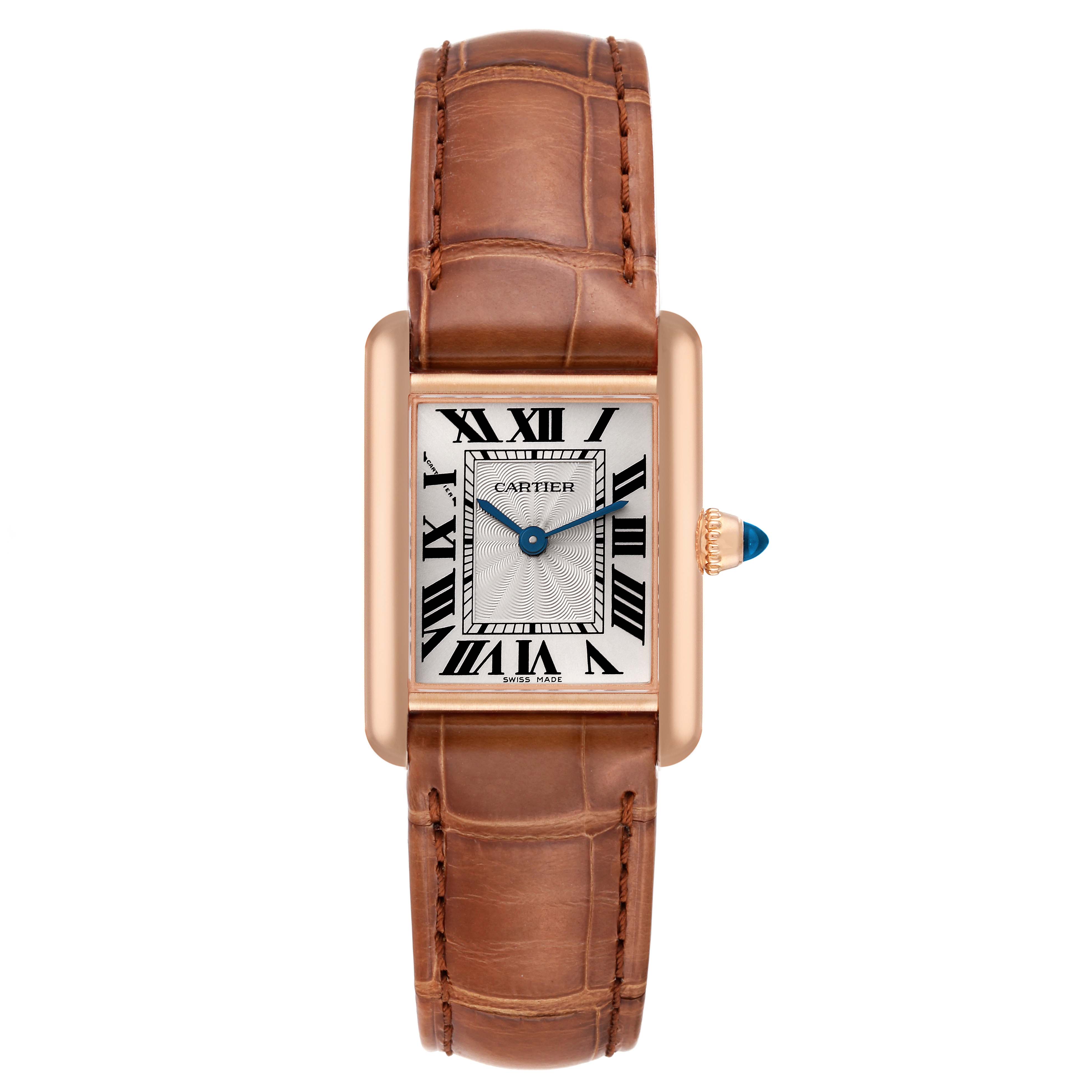 This Cartier Tank Louis WGTA0010 Women's Rose Gold Silver Dial WGTA0010 Women's Rose Gold Silver Dial watch is shown from a direct top view, displaying the face, case, and brown leather strap.