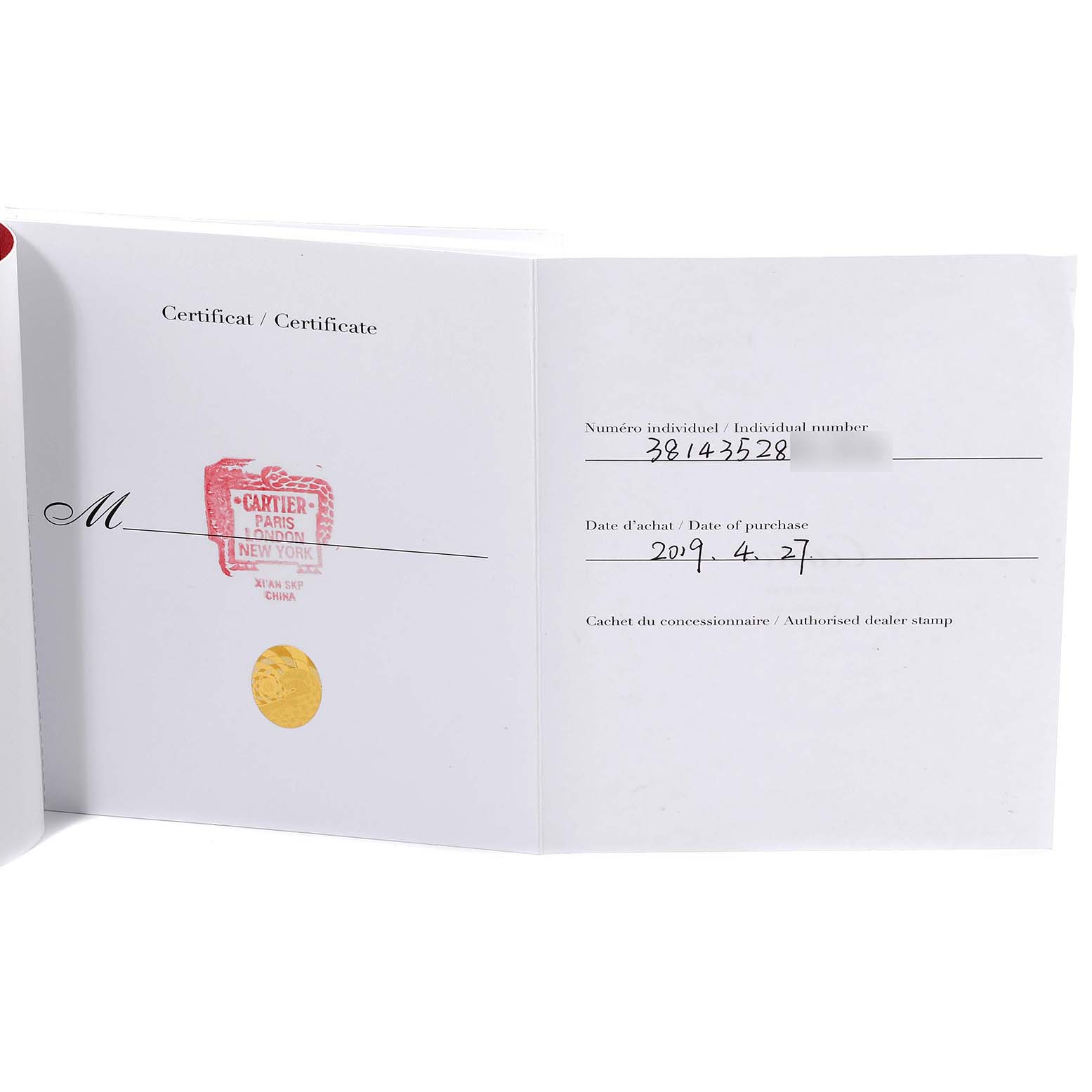 This image shows the certificate of authenticity for the Cartier Tank Louis WGTA0010 Women's Rose Gold Silver Dial WGTA0010 Women's Rose Gold Silver Dial watch model, with purchase date and individual number visible.