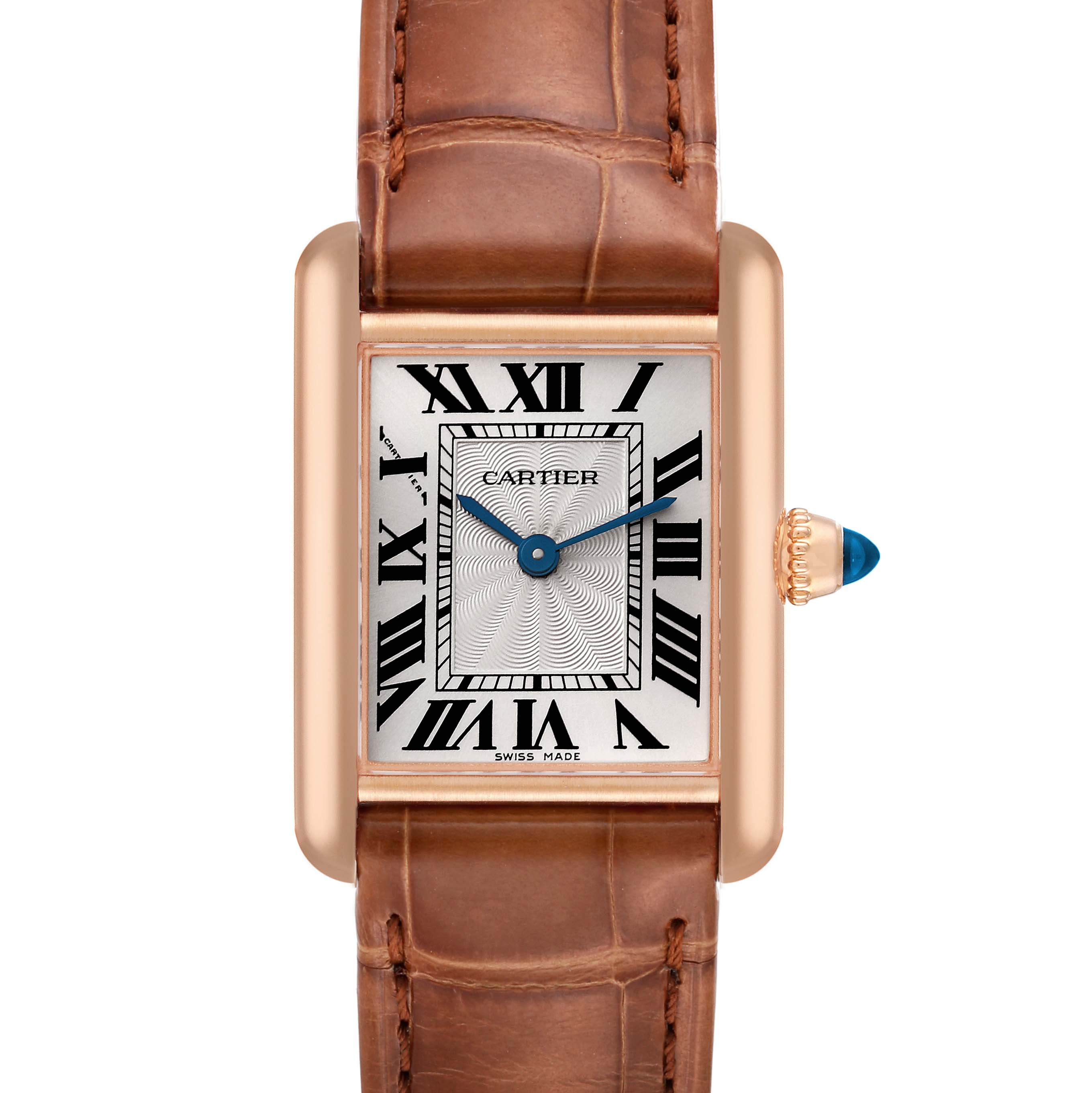 The image shows a frontal view of a Cartier Tank Louis WGTA0010 Women's Rose Gold Silver Dial WGTA0010 Women's Rose Gold Silver Dial watch, featuring its face, case, crown, and leather strap.