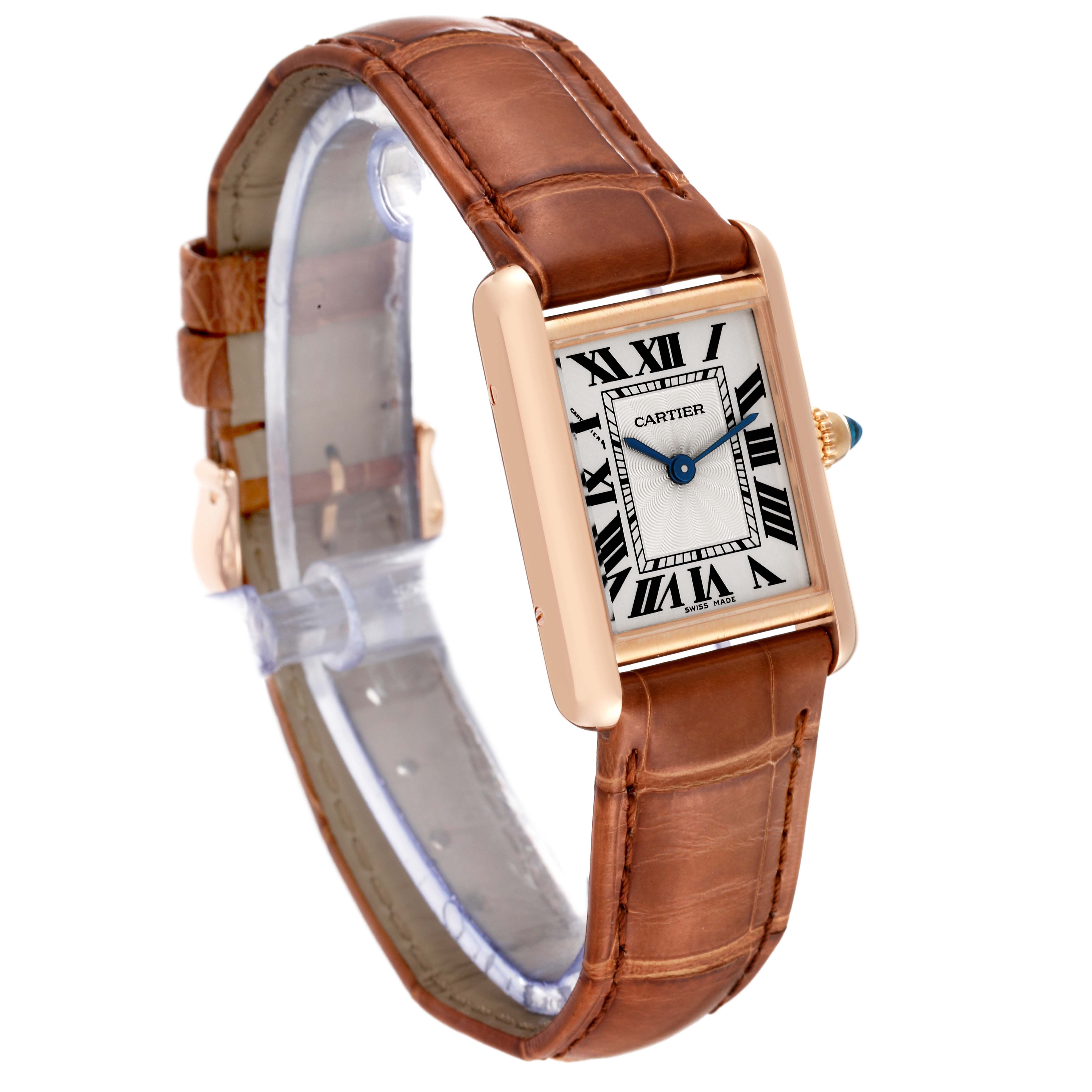 The image shows a side-angle view of the Cartier Tank Louis WGTA0010 Women's Rose Gold Silver Dial WGTA0010 Women's Rose Gold Silver Dial watch, highlighting its rectangular dial and brown leather strap.