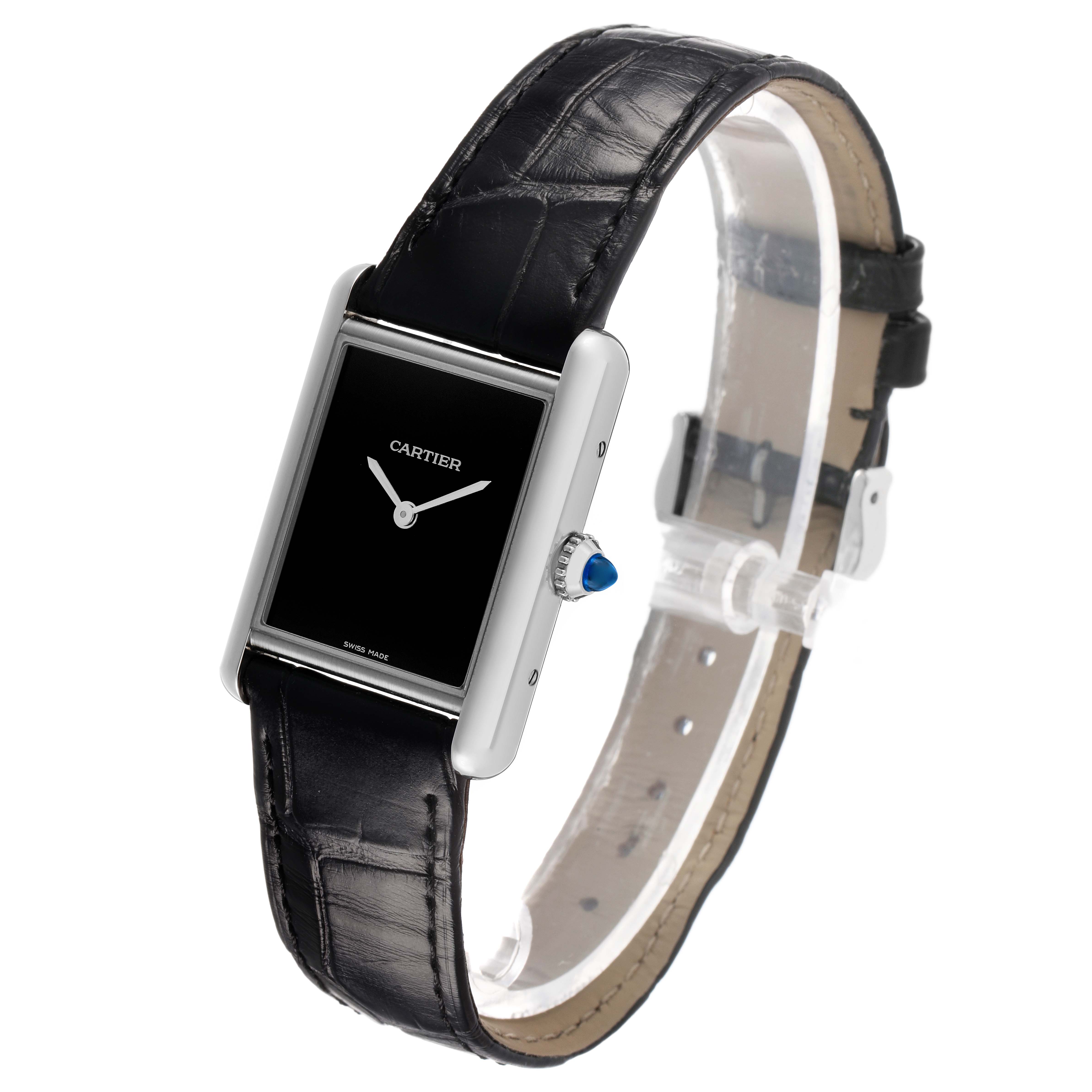 The Cartier Tank Must WSTA0108 Women's Stainless Steel Black Dial watch is shown at a slight angle, highlighting the black strap, rectangular dial, and crown.