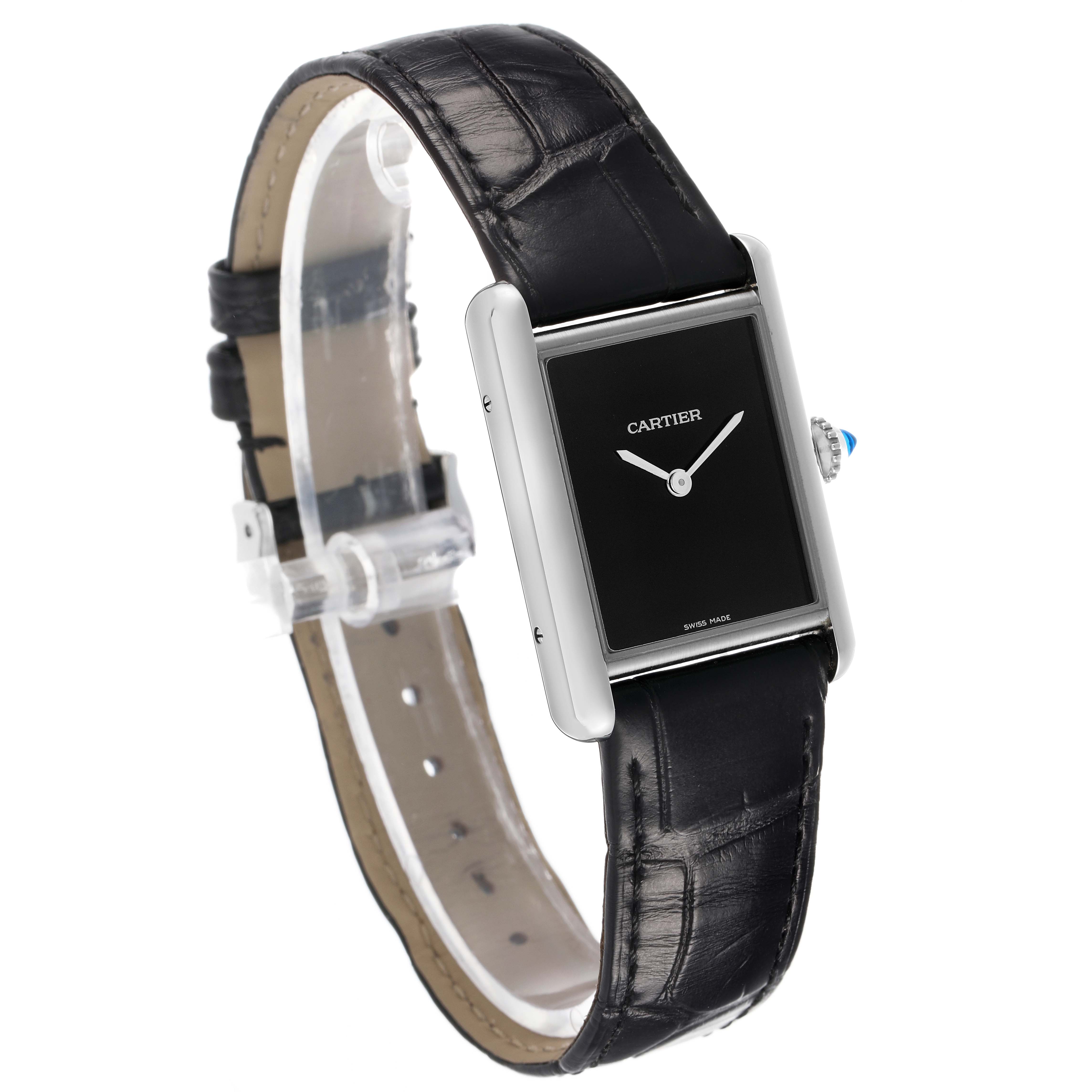 The Cartier Tank Must WSTA0108 Women's Stainless Steel Black Dial watch is shown from a front-side angle, highlighting its rectangular case, black dial, and leather strap.