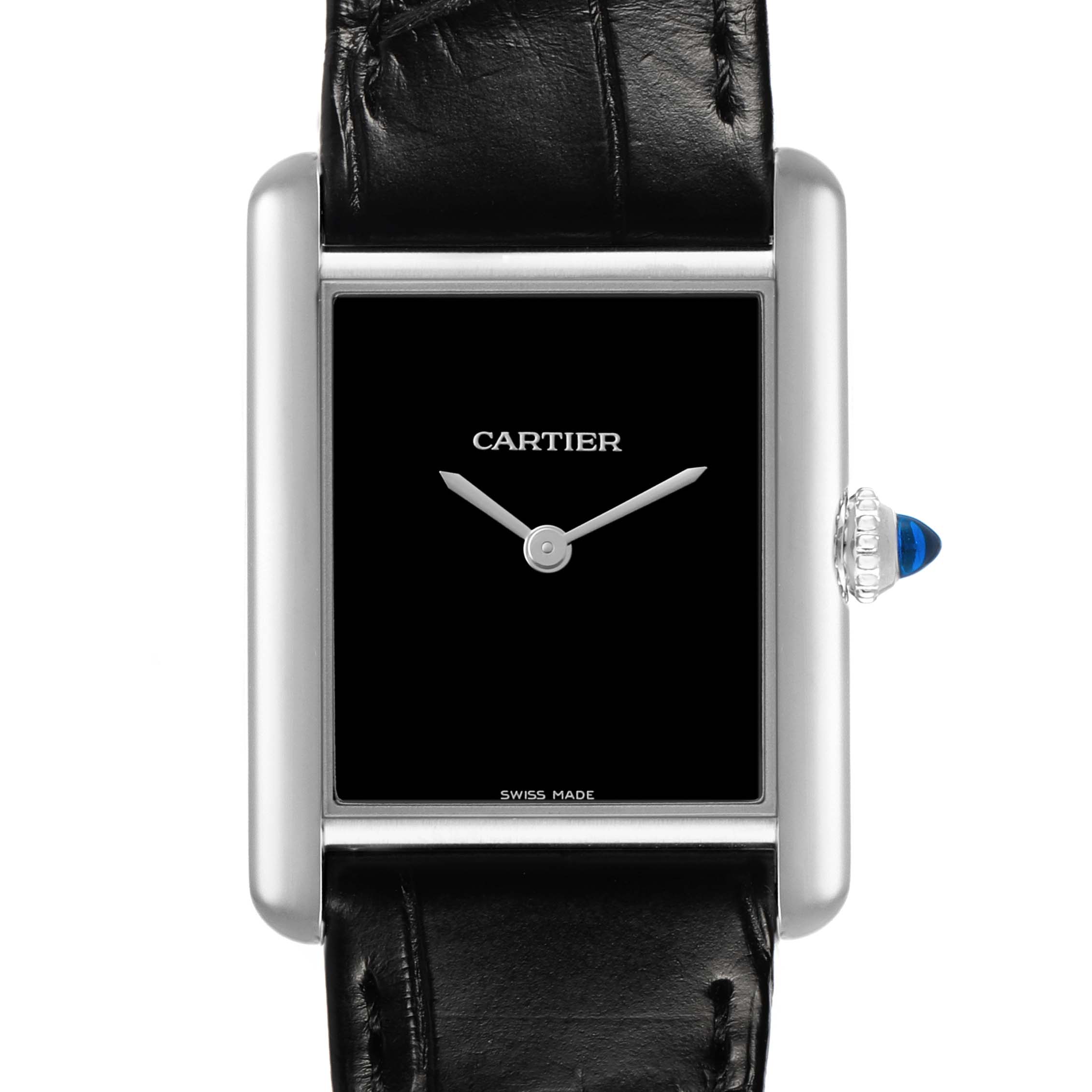 The Cartier Tank Must WSTA0108 Women's Stainless Steel Black Dial watch is shown from the front, highlighting its rectangular face, black dial, and leather strap.