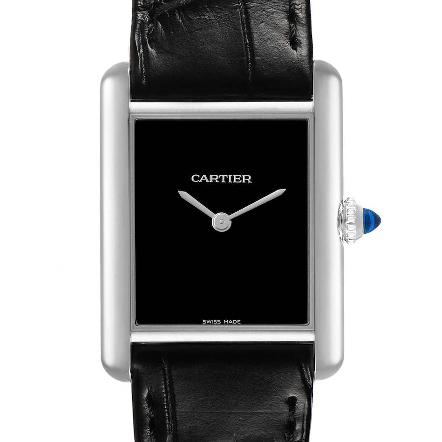 The Cartier Tank Must WSTA0108 Women's Stainless Steel Black Dial watch is shown from the front, highlighting its rectangular face, black dial, and leather strap.