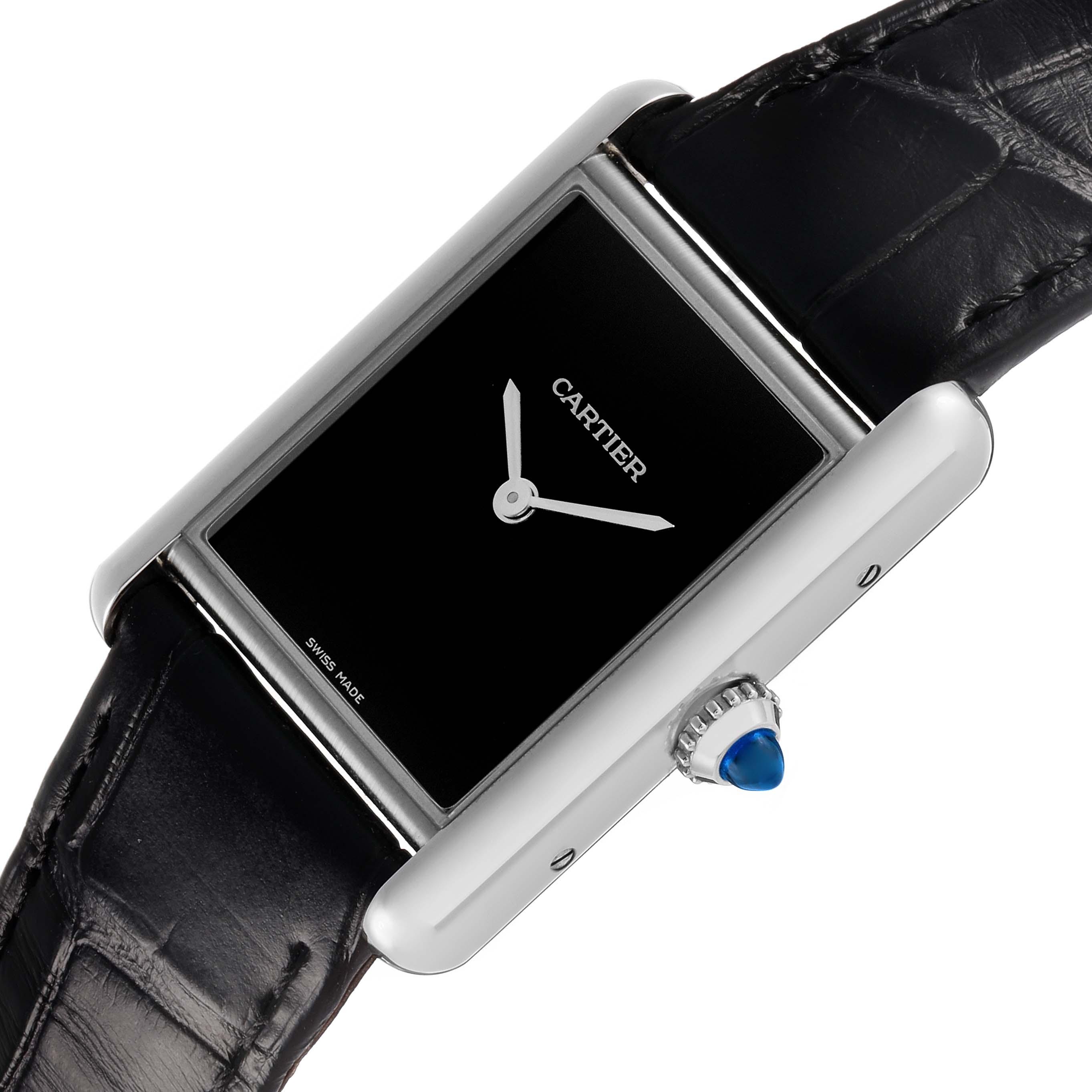 The Cartier Tank Must WSTA0108 Women's Stainless Steel Black Dial watch is shown at an angled view, highlighting the case, crown, and strap.