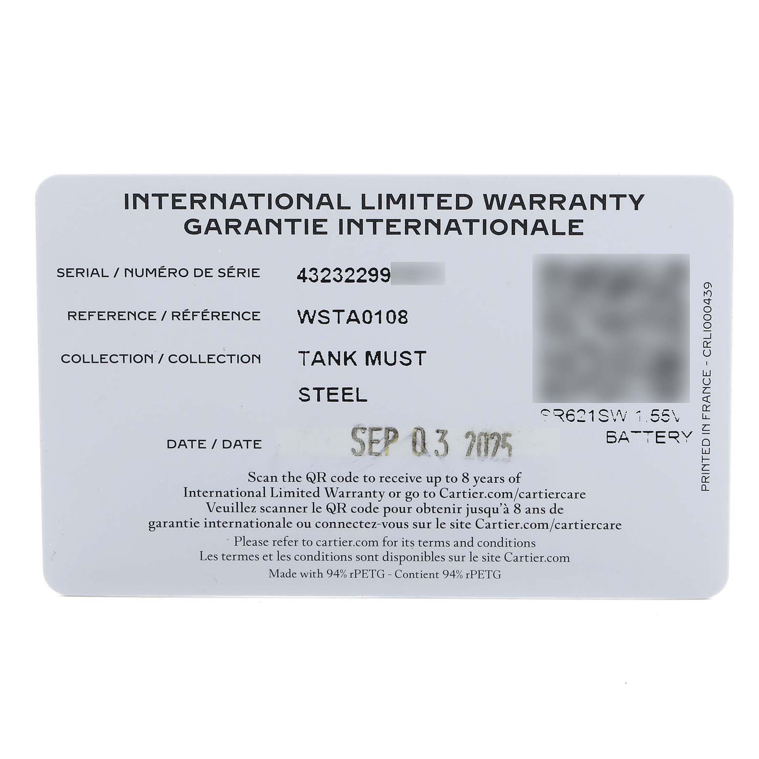 This is a Cartier Tank Must WSTA0108 Women's Stainless Steel Black Dial warranty card, showing serial number, reference, collection, and date details.