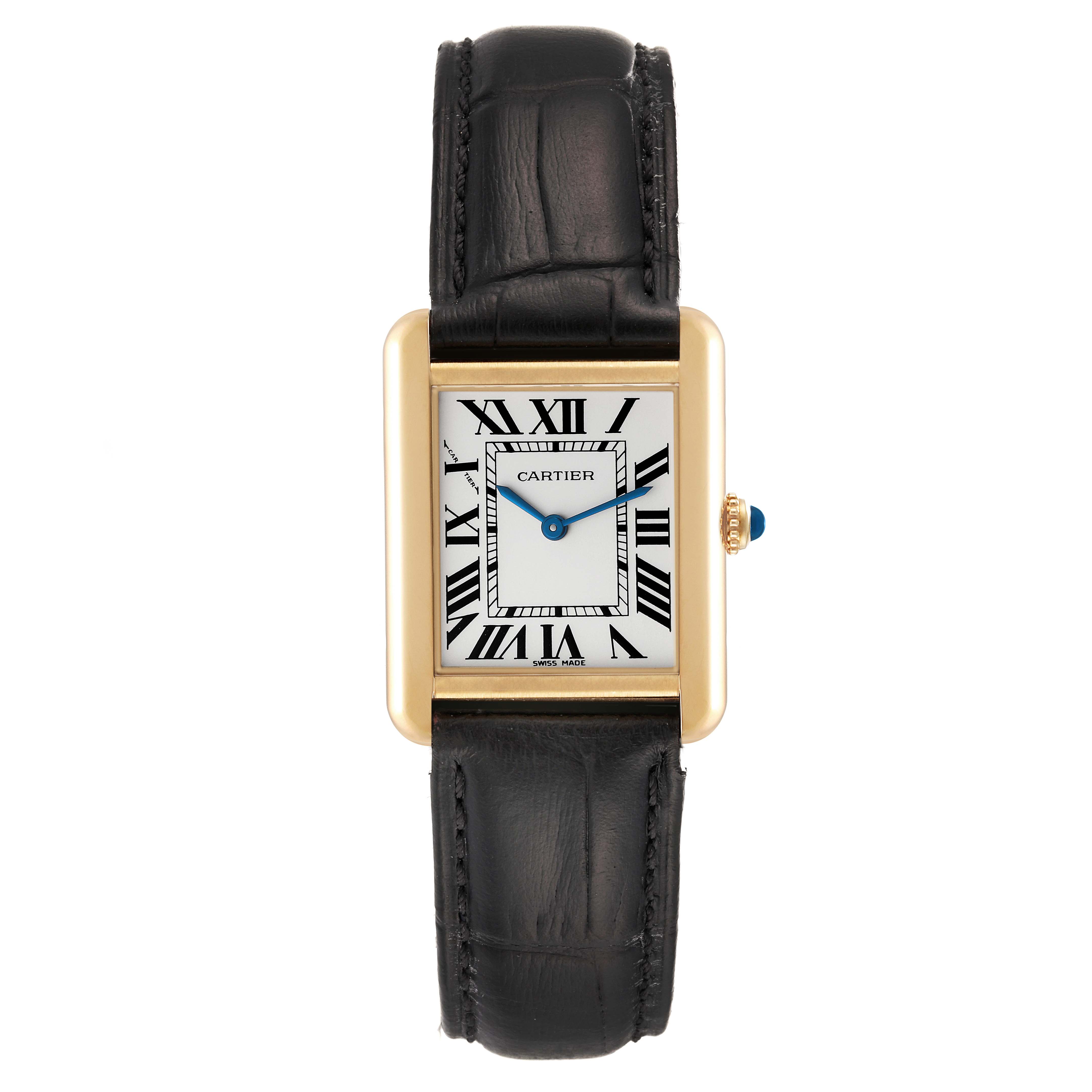 The Cartier Tank Solo W1018755 Women
s Steel and Gold (two tone) Silver Dial W1018755 Women
s Steel and Gold (two tone) Silver Dial watch is shown from a top-down angle, displaying its face, leather strap, and gold case.