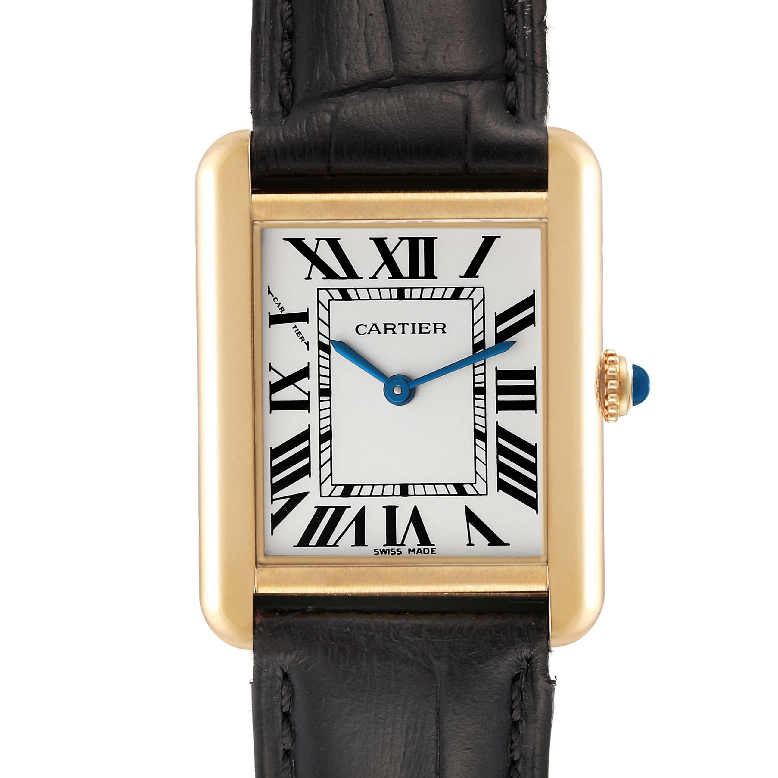 The Cartier Tank Solo W1018755 Women
s Steel and Gold (two tone) Silver Dial W1018755 Women
s Steel and Gold (two tone) Silver Dial watch is shown from a front angle, displaying its face, Roman numerals, and black leather strap.