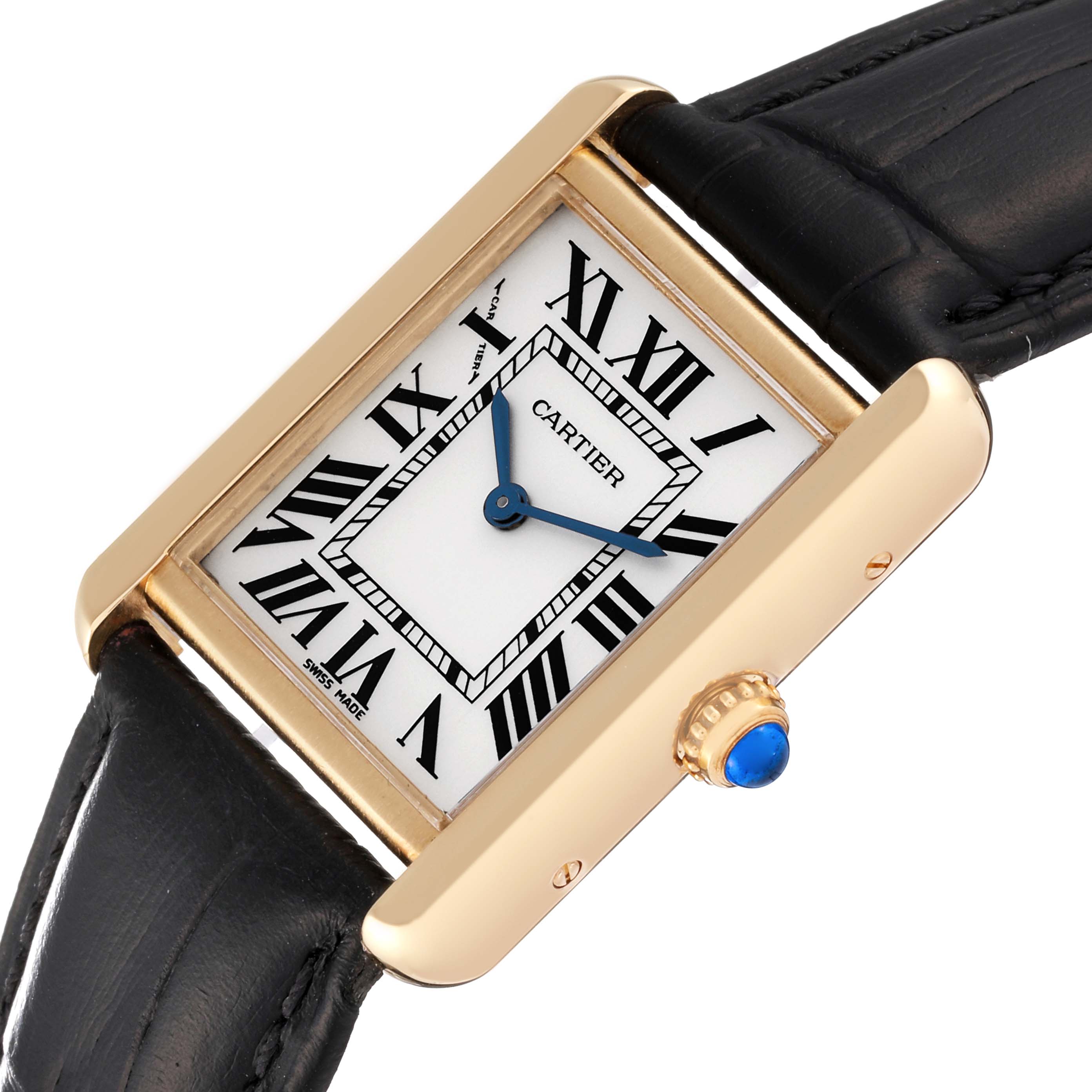 The image shows a close-up, top-down angle of the Cartier Tank Solo W1018755 Women
s Steel and Gold (two tone) Silver Dial W1018755 Women
s Steel and Gold (two tone) Silver Dial watch, highlighting the dial, case, crown, and part of the strap.