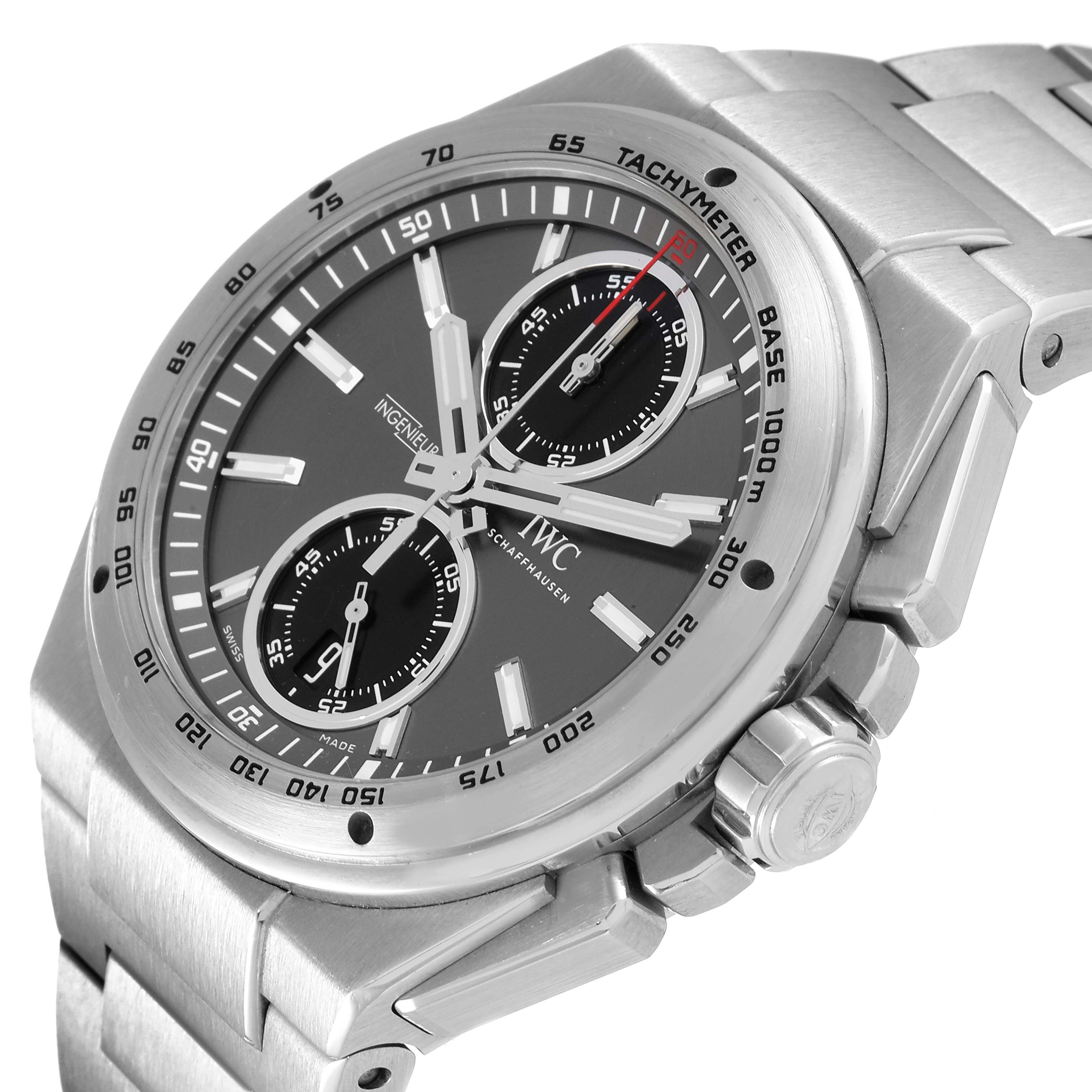 The image shows a close-up view of the dial and bezel of the IWC Ingenieur IW378508 Men's Stainless Steel Grey Dial IW378508 Men's Stainless Steel Grey Dial watch, highlighting its chronograph and tachymeter.