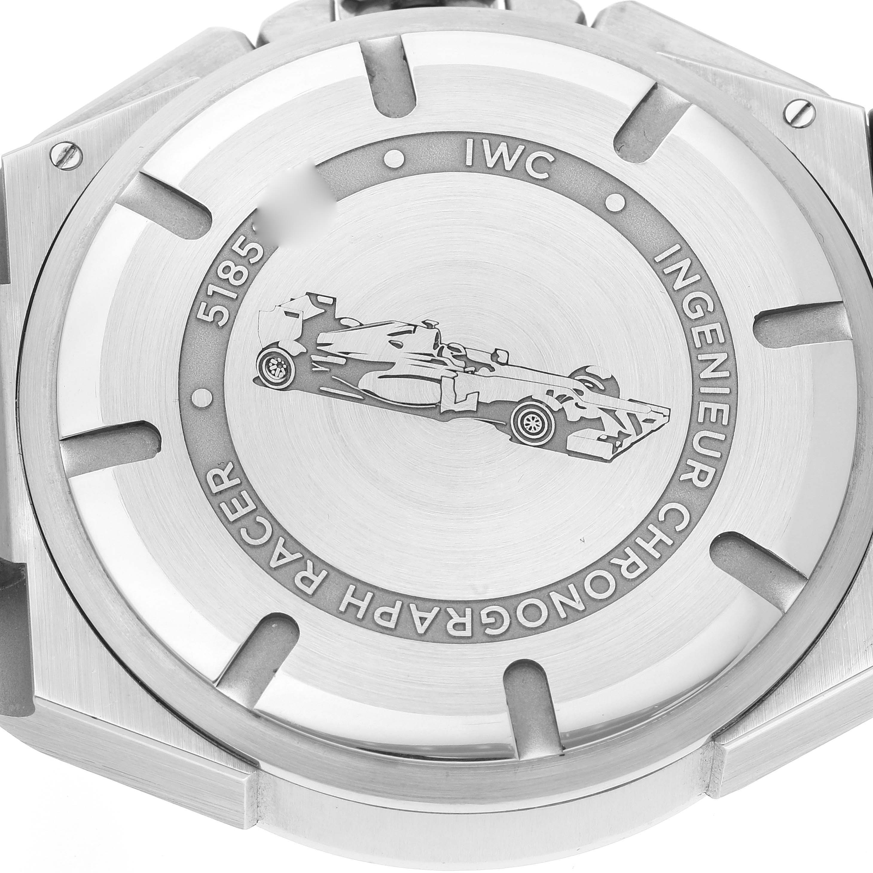 The image shows the case back of an IWC Ingenieur IW378508 Men's Stainless Steel Grey Dial IW378508 Men's Stainless Steel Grey Dial Chronograph Racer watch from a straight-on angle.