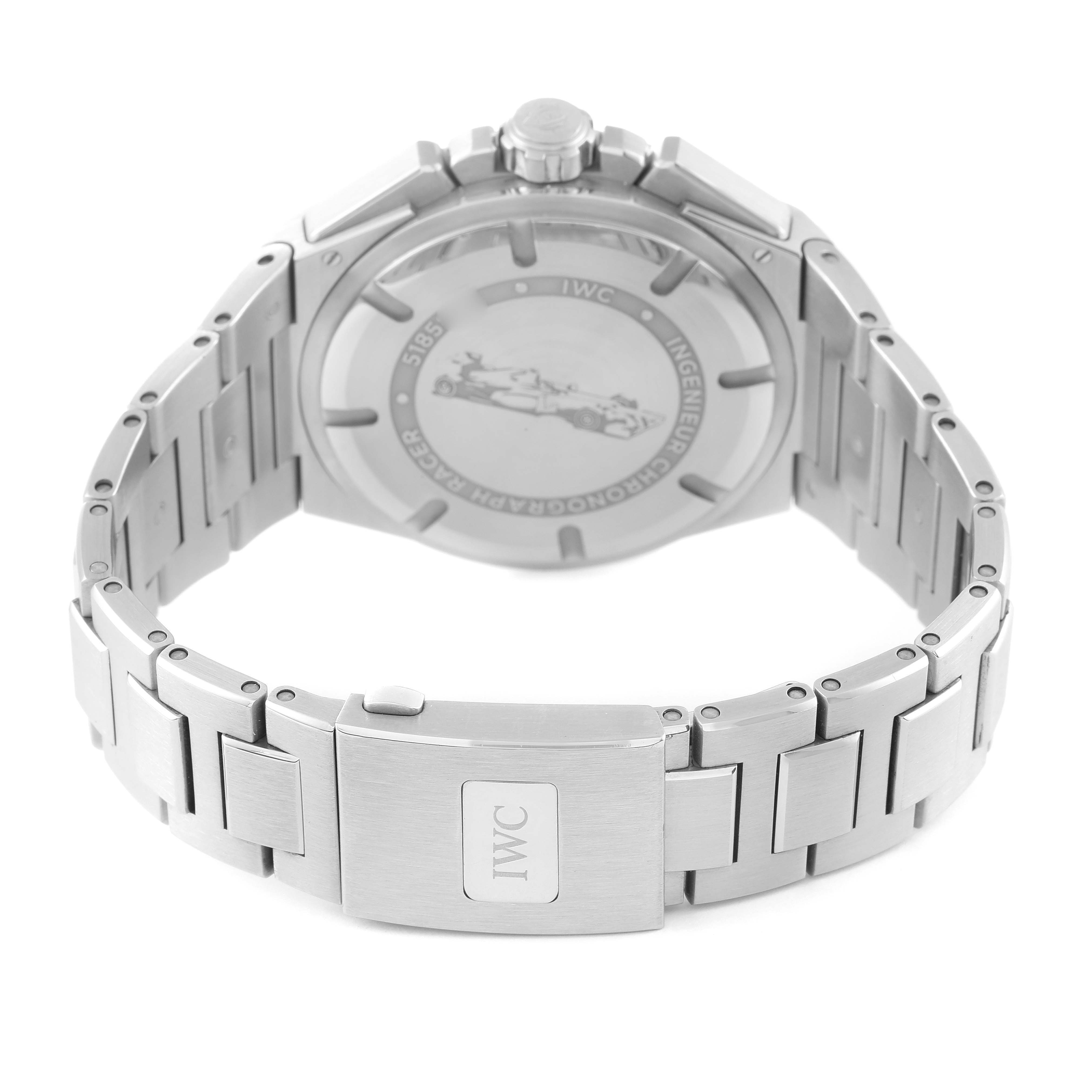 The image shows the backside and metal bracelet of an IWC Ingenieur IW378508 Men's Stainless Steel Grey Dial IW378508 Men's Stainless Steel Grey Dial watch, highlighting its clasp and engraved case back.