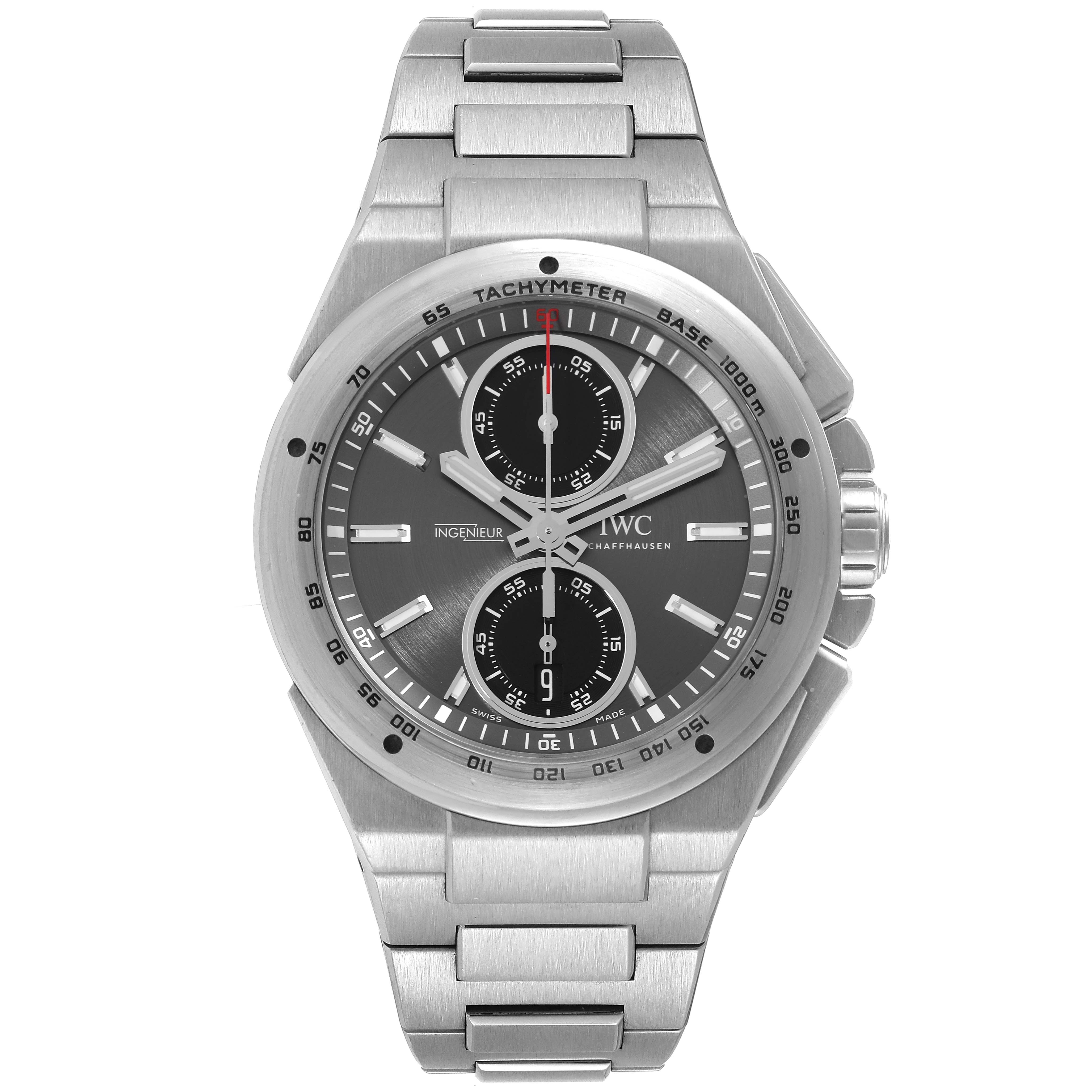 The image shows a frontal view of an IWC Ingenieur IW378508 Men's Stainless Steel Grey Dial IW378508 Men's Stainless Steel Grey Dial watch, displaying its face, bezel, and stainless steel bracelet.