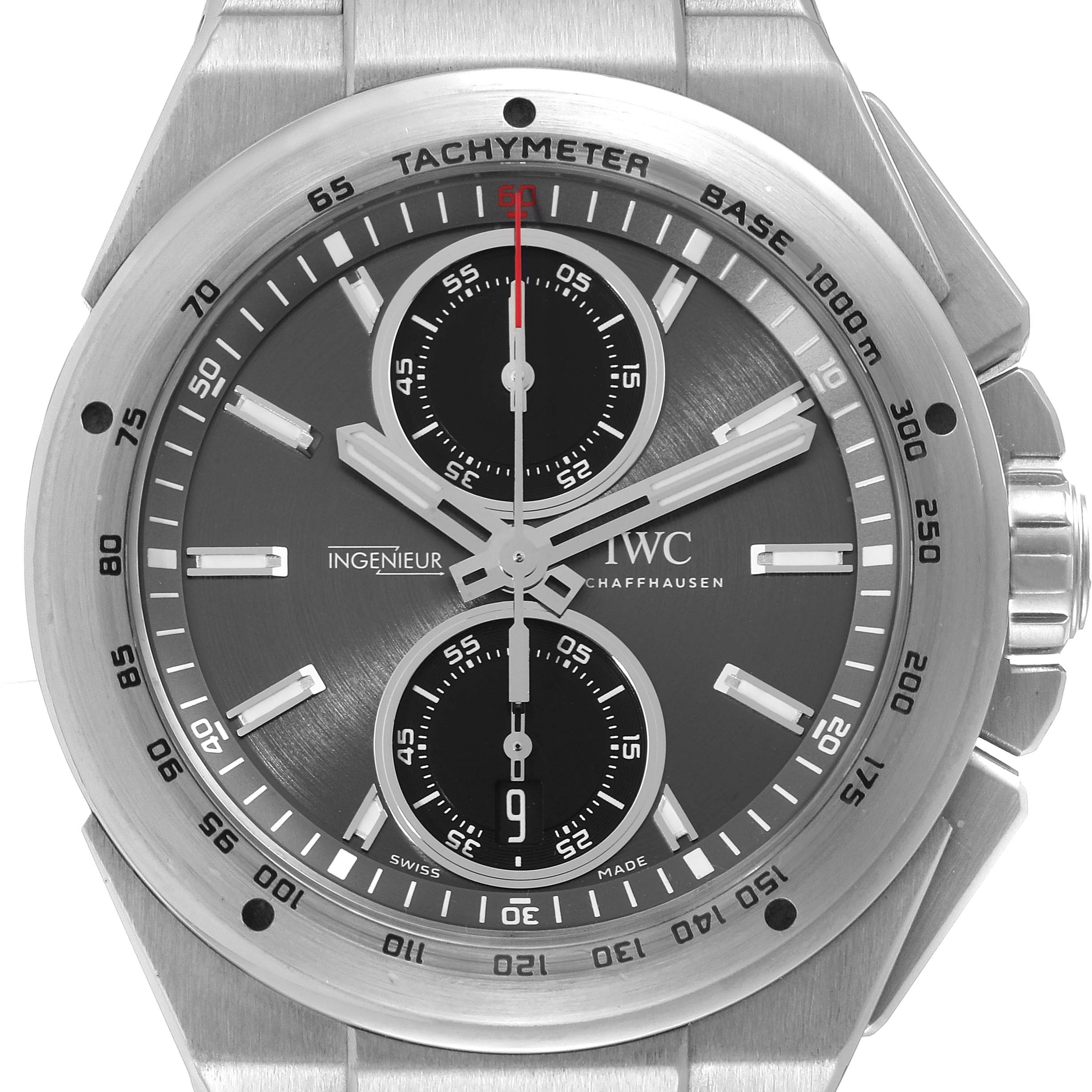 This image shows a front view of the IWC Ingenieur IW378508 Men's Stainless Steel Grey Dial IW378508 Men's Stainless Steel Grey Dial watch, highlighting its dial, tachymeter, and subdials.