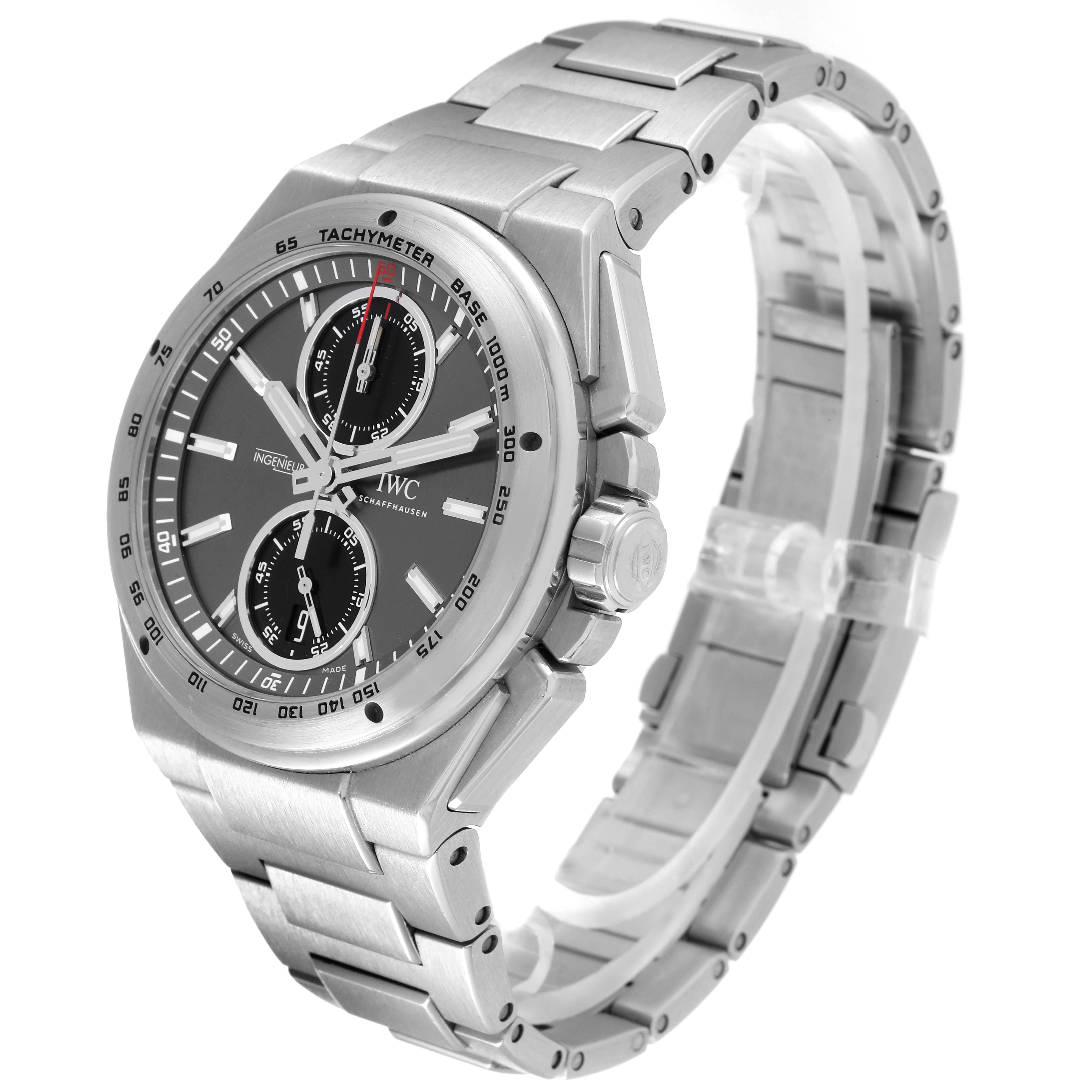 The image shows an IWC Ingenieur IW378508 Men's Stainless Steel Grey Dial IW378508 Men's Stainless Steel Grey Dial watch at a 3/4 angle, highlighting its face, bezel, and stainless steel bracelet.