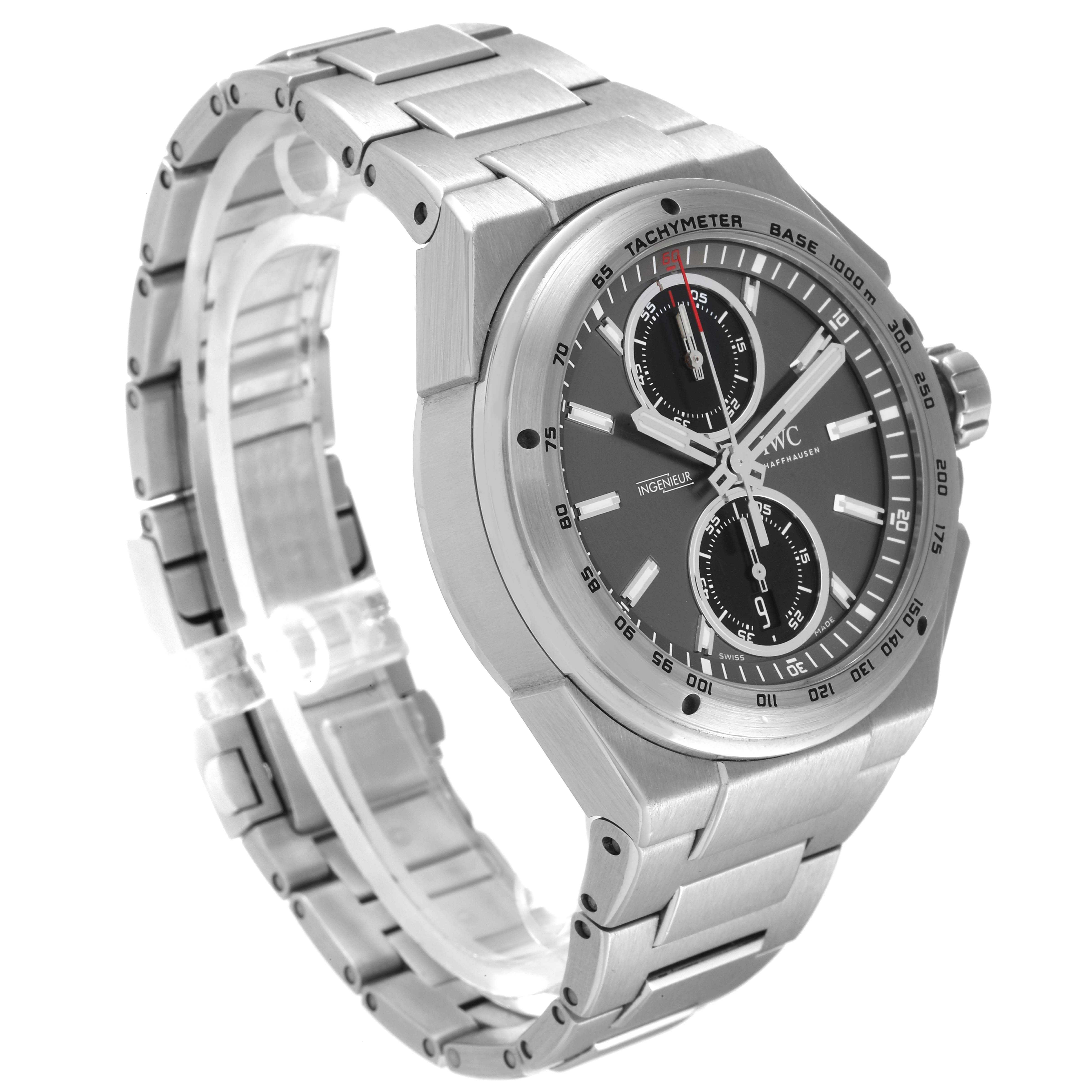 The IWC Ingenieur IW378508 Men's Stainless Steel Grey Dial IW378508 Men's Stainless Steel Grey Dial watch is shown at a three-quarter angle, displaying the stainless steel bracelet, case, and face with tachymeter markings.