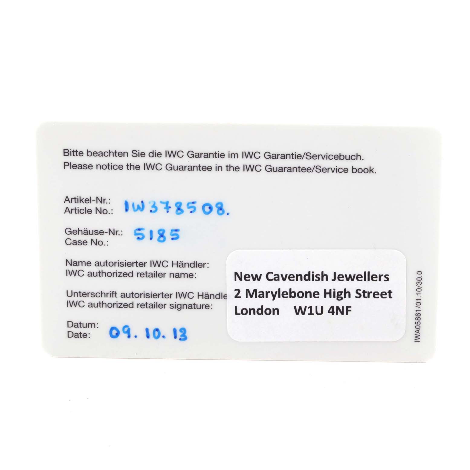 This image shows the warranty card for the IWC Ingenieur IW378508 Men's Stainless Steel Grey Dial IW378508 Men's Stainless Steel Grey Dial model.