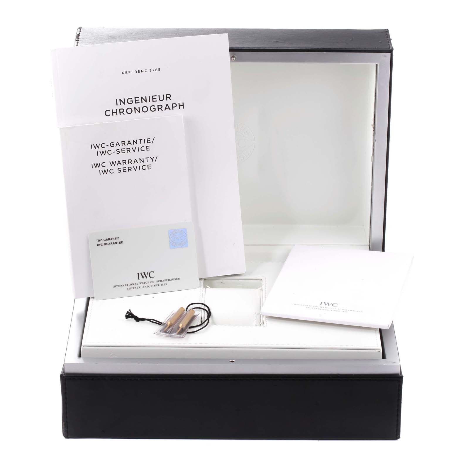 The image shows an open box with documents and accessories for the IWC Ingenieur IW378508 Men's Stainless Steel Grey Dial IW378508 Men's Stainless Steel Grey Dial watch model, viewed from the front.