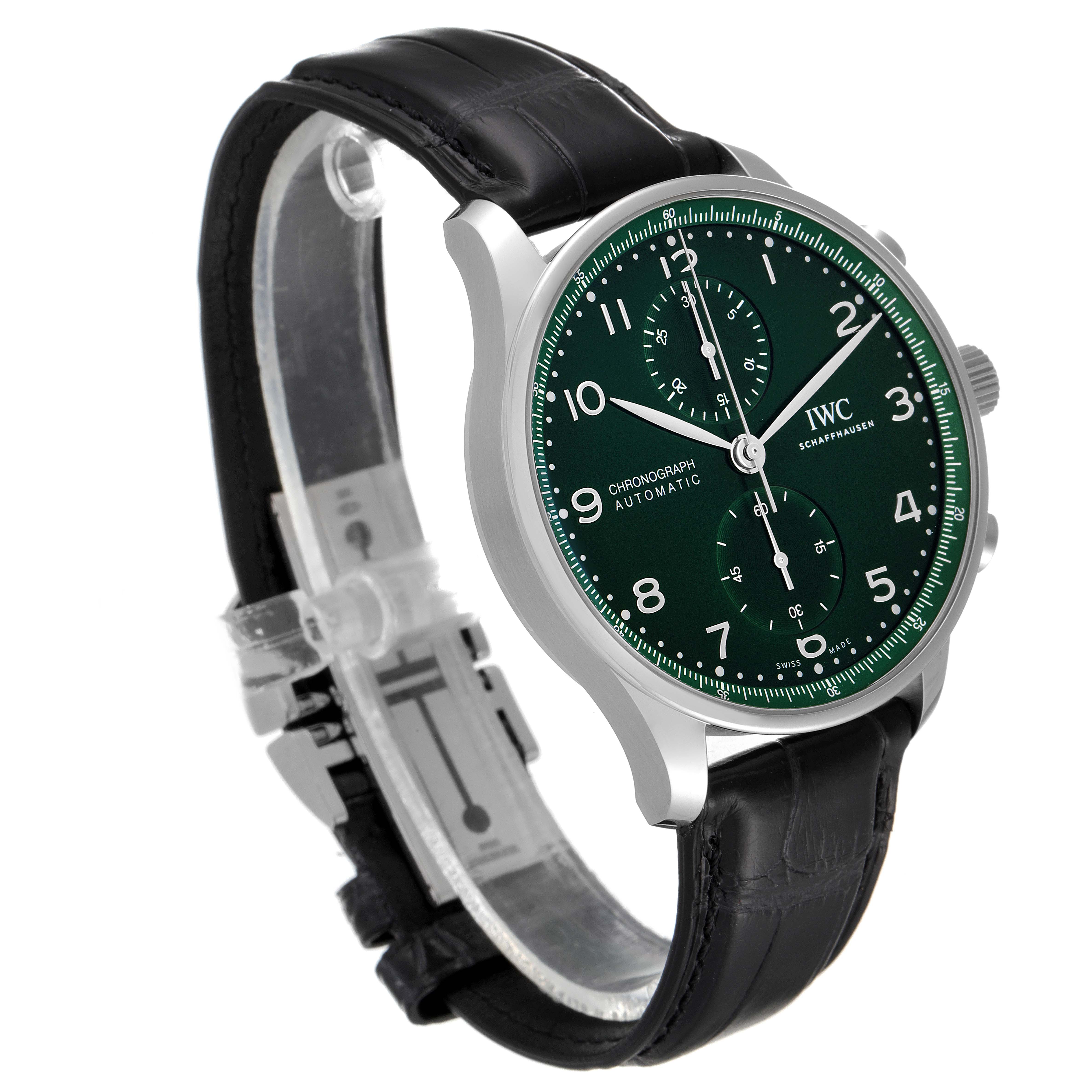The IWC Portuguese IW371615 Men's Stainless Steel Green Dial IW371615 Men's Stainless Steel Green Dial model watch is shown at a slight angle, highlighting its green dial, chronograph features, and black leather strap.