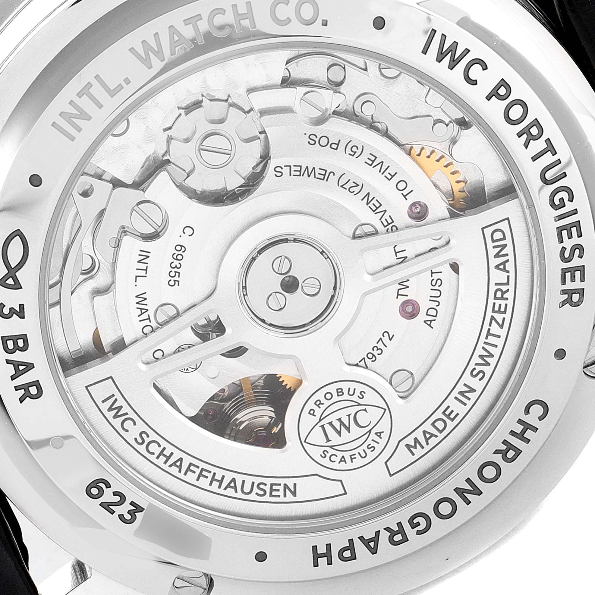 The image shows the back view of the IWC Portuguese IW371615 Men's Stainless Steel Green Dial IW371615 Men's Stainless Steel Green Dial model watch, highlighting its intricate mechanical movement.