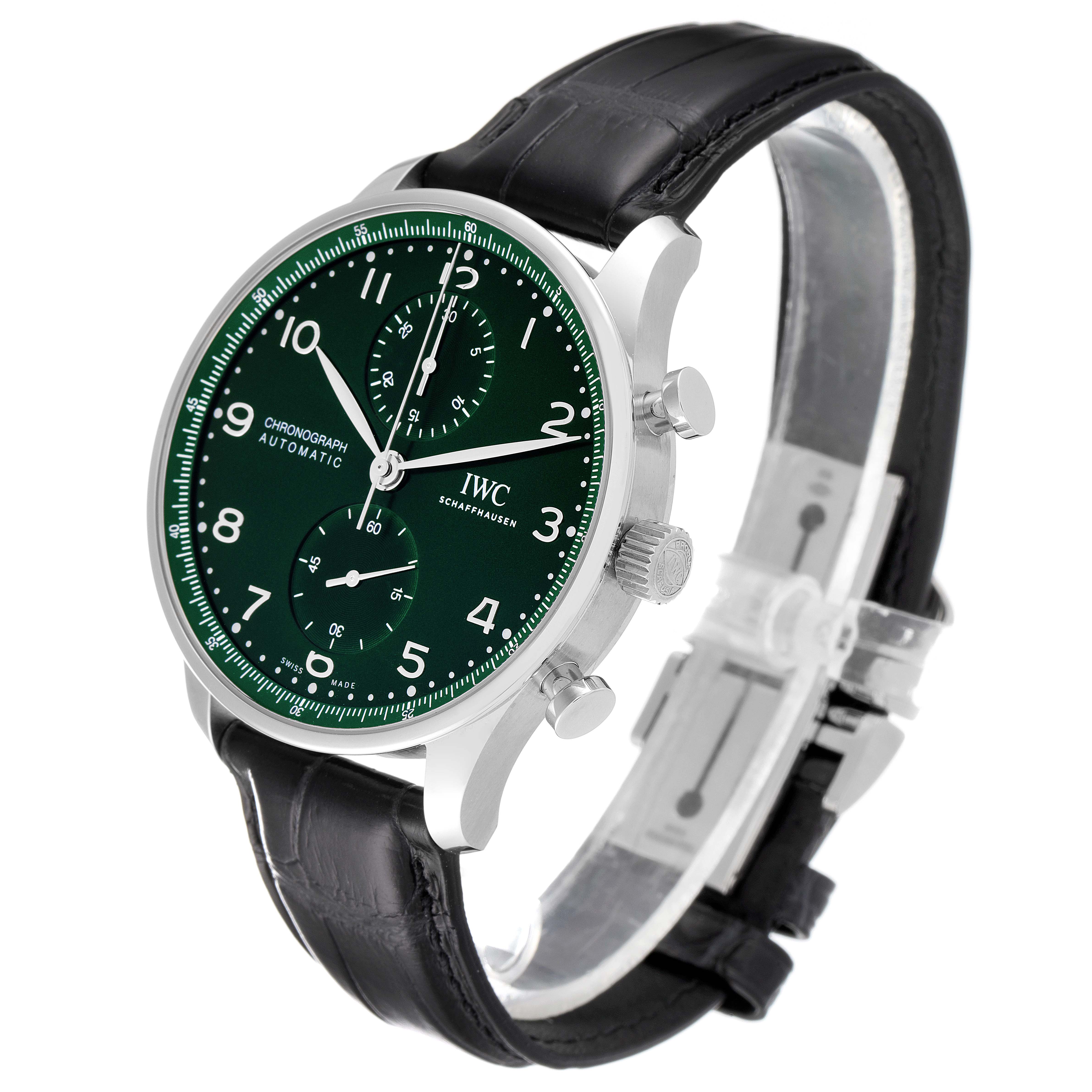 The image shows a side angle of the IWC Portuguese IW371615 Men's Stainless Steel Green Dial IW371615 Men's Stainless Steel Green Dial model watch, displaying the face, crown, chronograph pushers, and black leather strap.