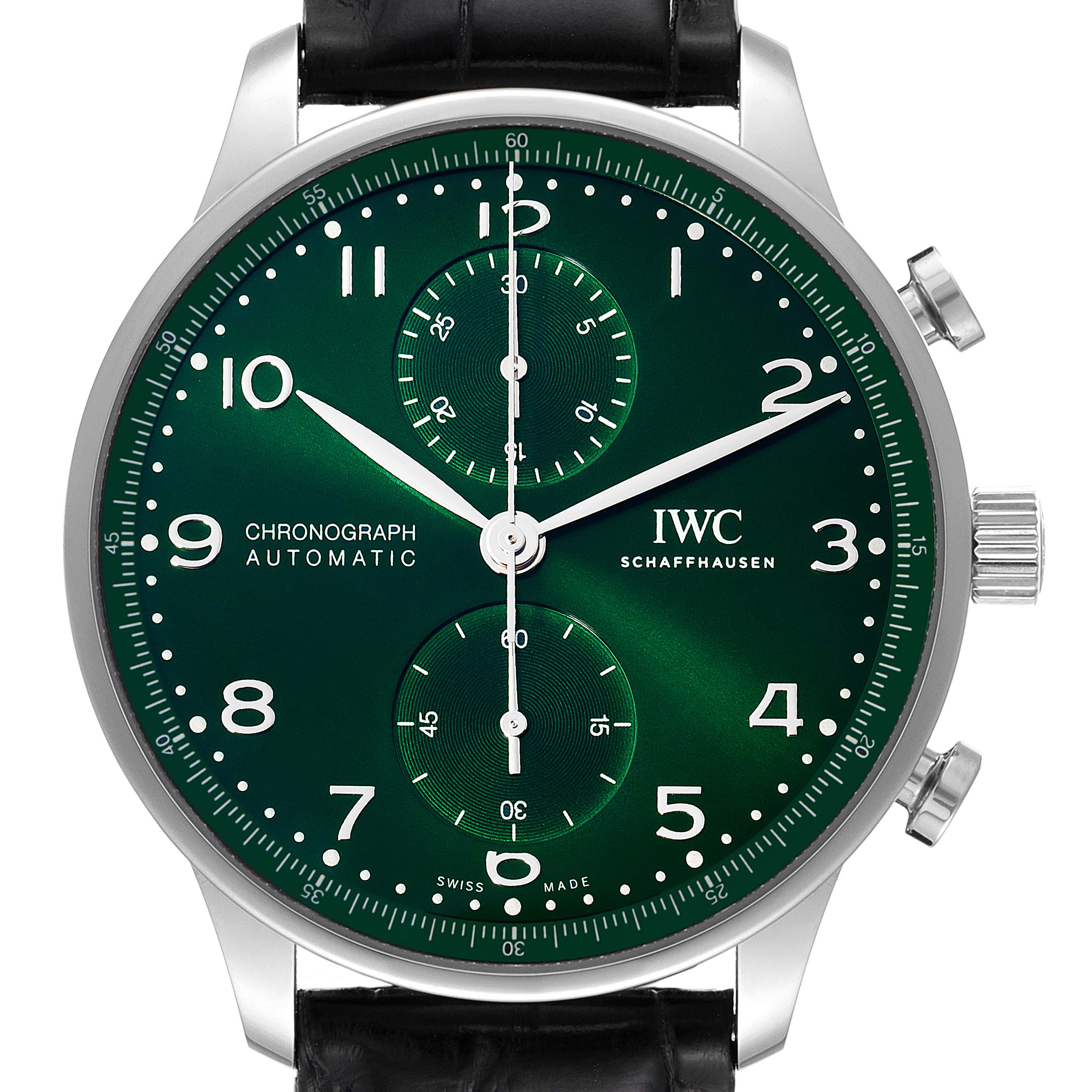 The image shows a front view of an IWC Portuguese IW371615 Men's Stainless Steel Green Dial IW371615 Men's Stainless Steel Green Dial model watch with a green dial and chronograph features.