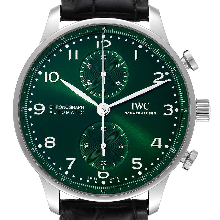 IWC Portugieser Chronograph Green Dial Steel Mens Watch IW371615 Box Card SwissWatchExpo