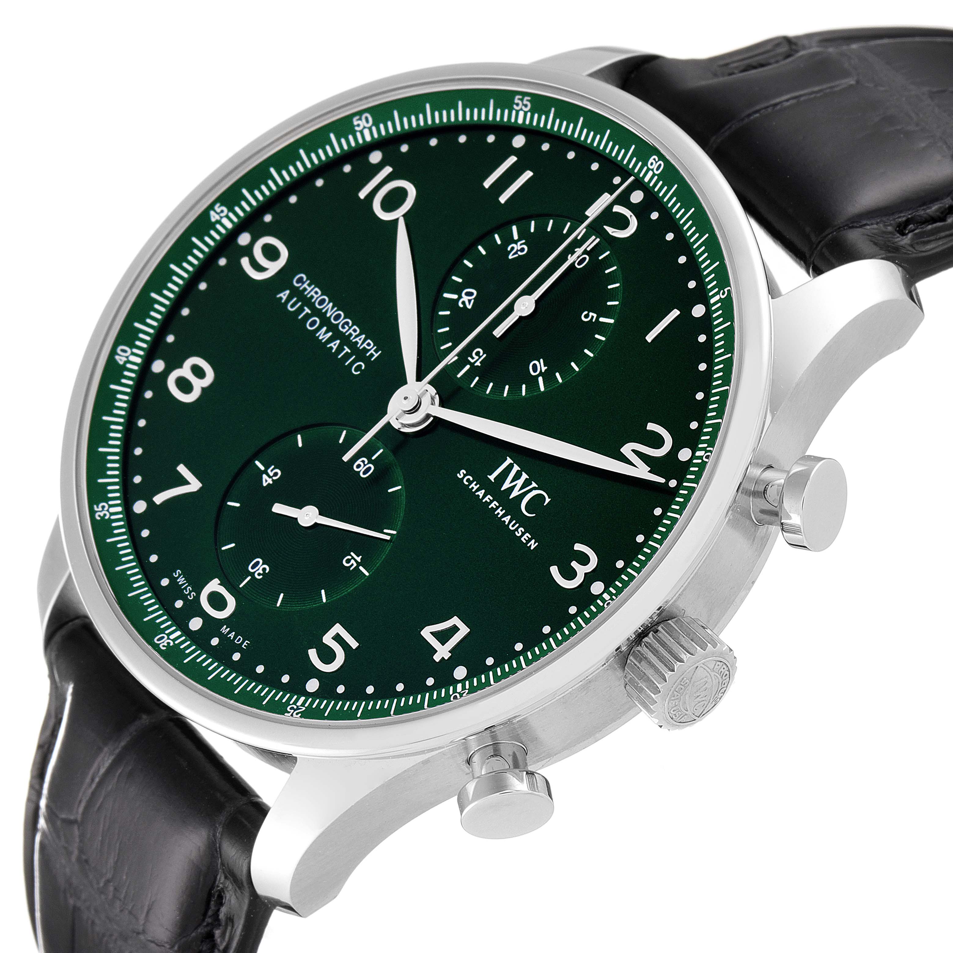 The IWC Portuguese IW371615 Men's Stainless Steel Green Dial IW371615 Men's Stainless Steel Green Dial model watch is shown at a slight angle, highlighting the green dial, chronograph subdials, crown, and part of the leather strap.