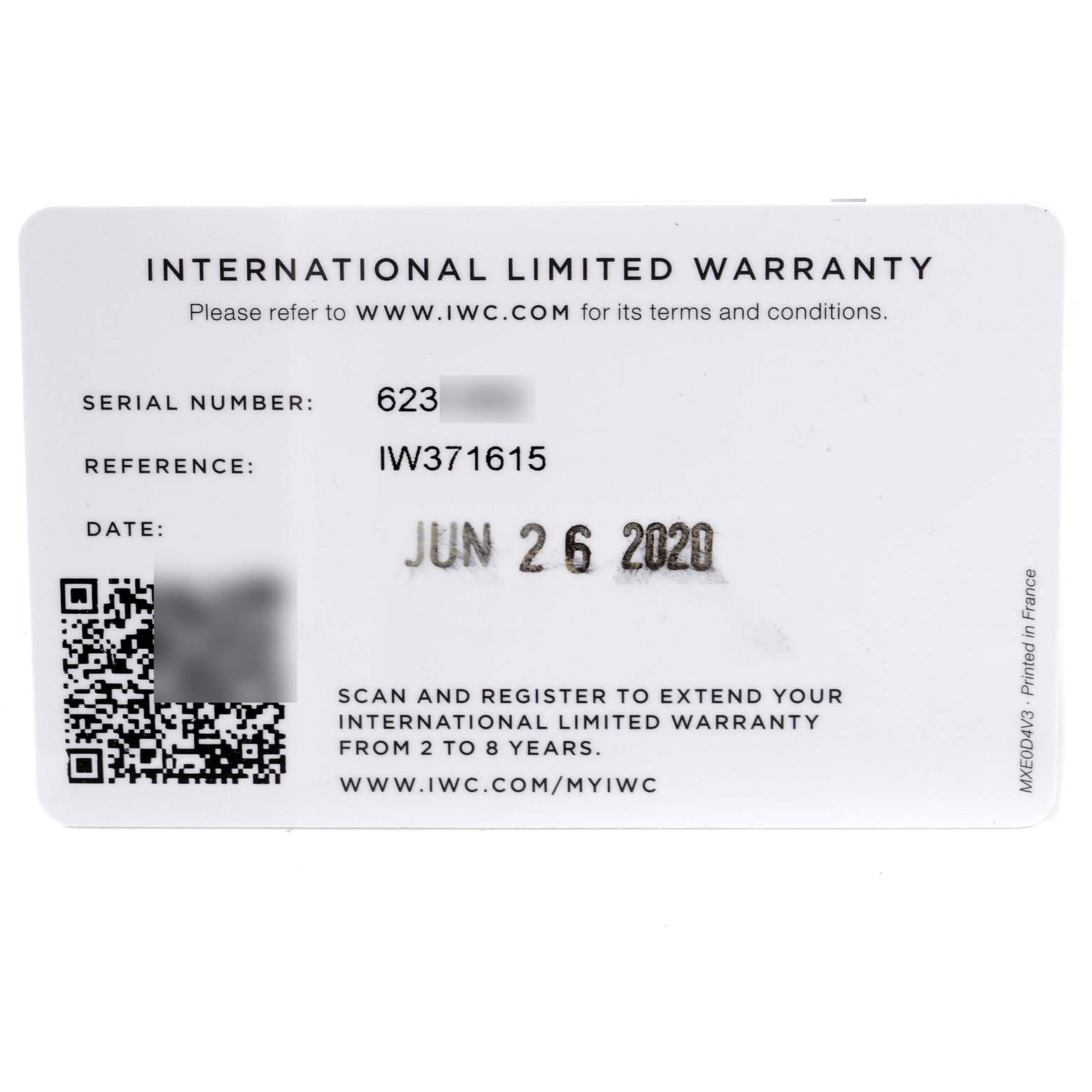 The image shows the warranty card for an IWC Portuguese IW371615 Men's Stainless Steel Green Dial IW371615 Men's Stainless Steel Green Dial model watch, displaying serial number, reference, and date of purchase.