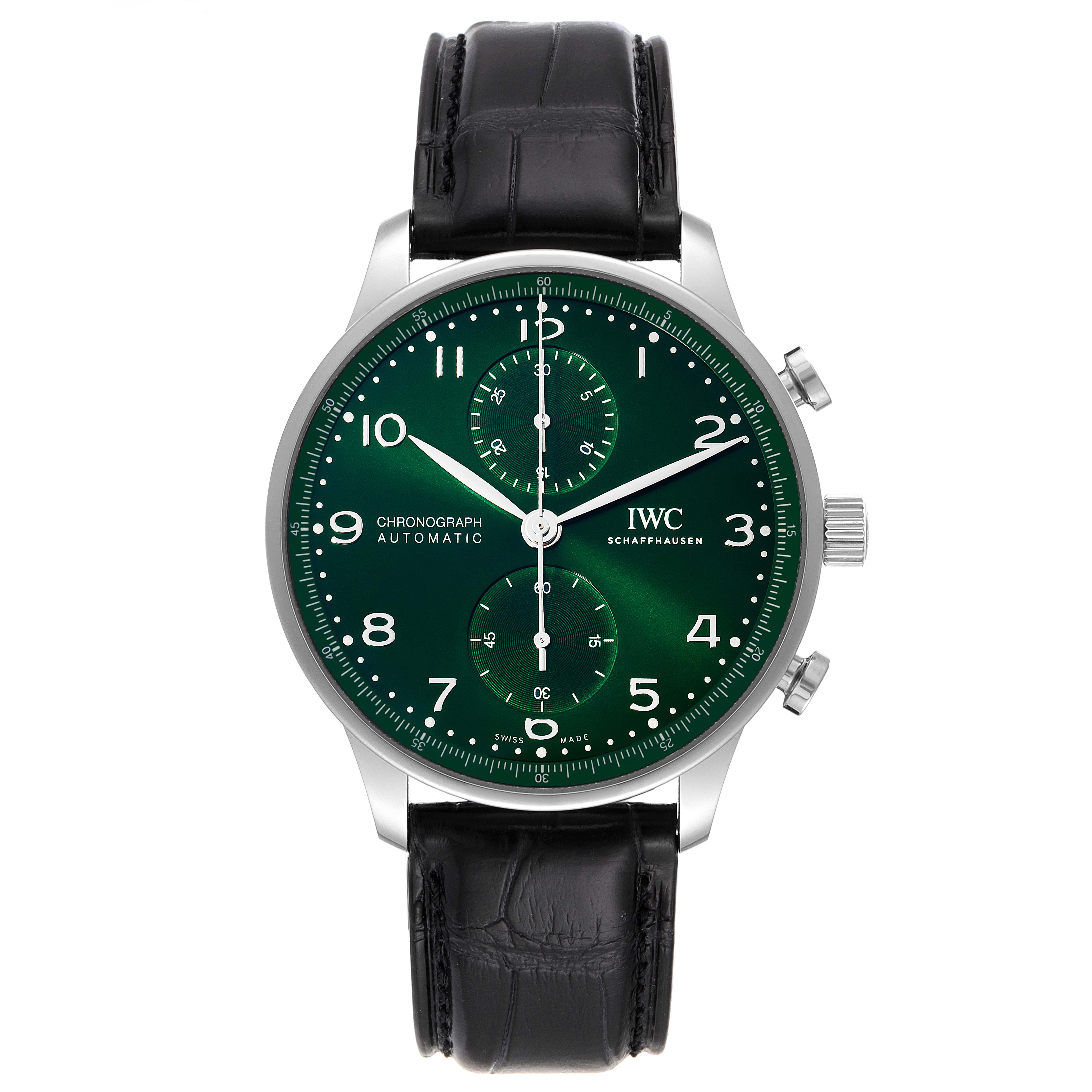 The image shows a frontal view of the IWC Portuguese IW371615 Men's Stainless Steel Green Dial IW371615 Men's Stainless Steel Green Dial Chronograph watch with a green dial and black leather strap.