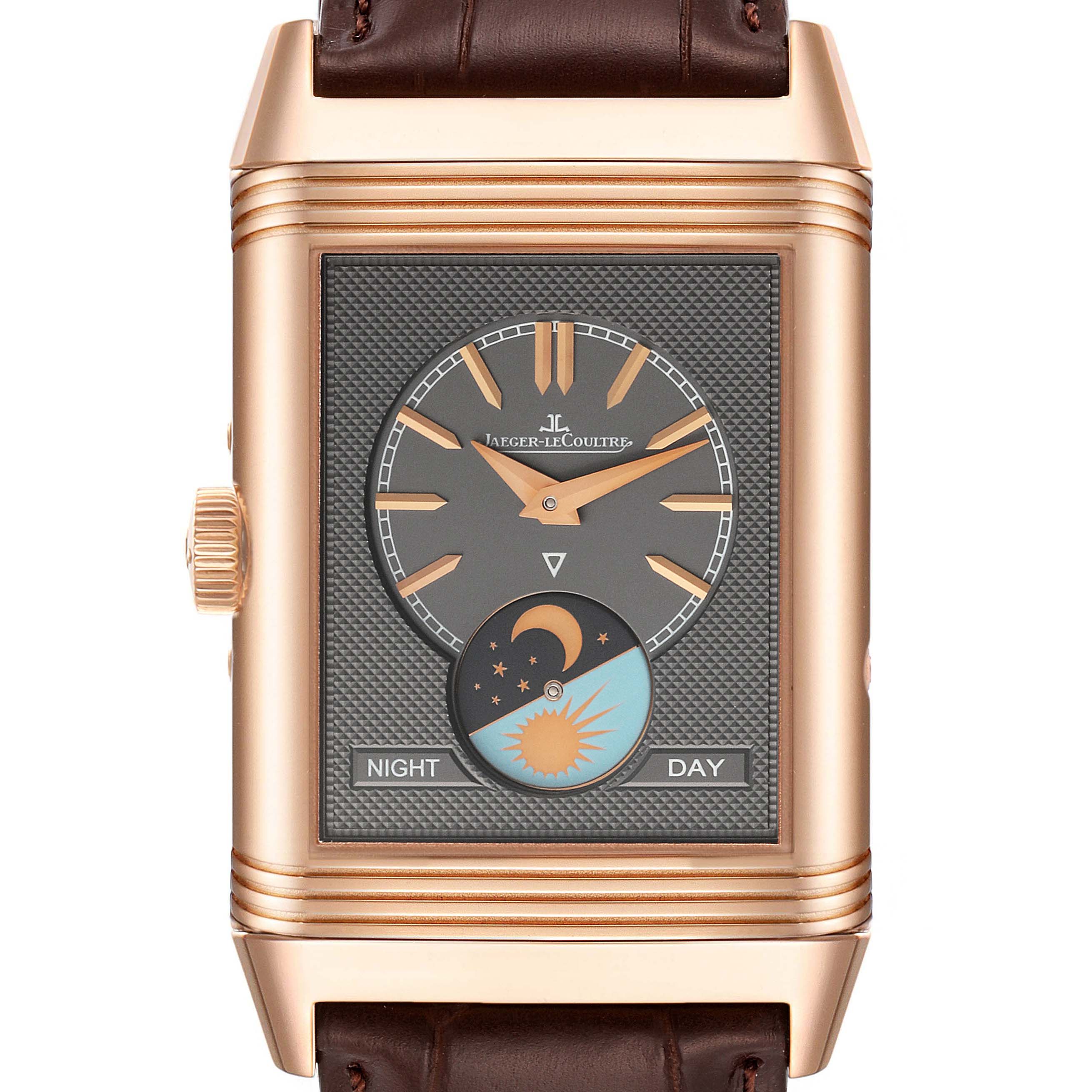 This image shows a frontal view of a Jaeger LeCoultre Reverso Q3912420 Men's Rose Gold Silver Dial Q3912420 Men's Rose Gold Silver Dial watch, highlighting its rectangular face, hour markers, and day-night subdial.