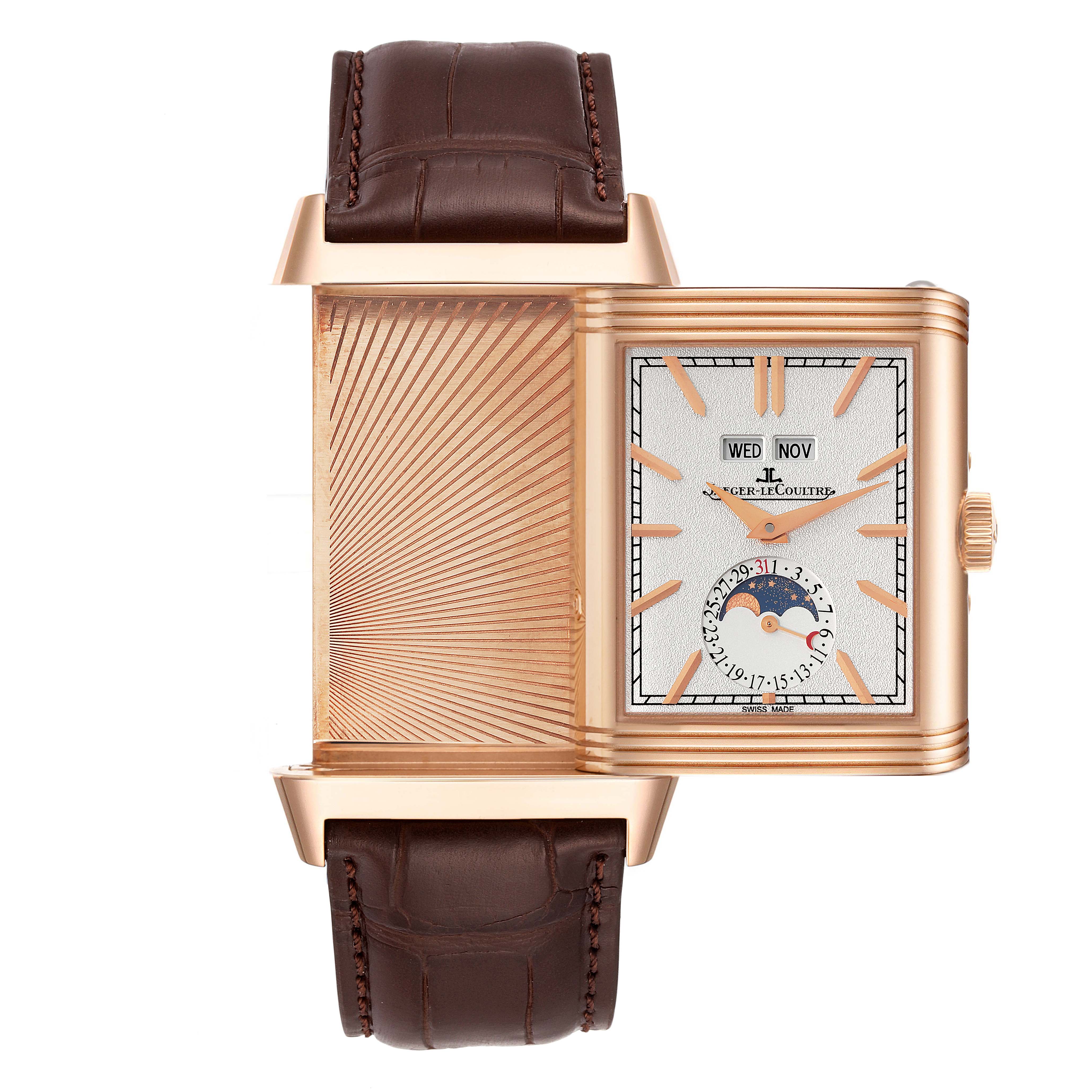 The image shows the Reverso model by Jaeger LeCoultre, featuring its flip mechanism with both the dial and the back design visible.