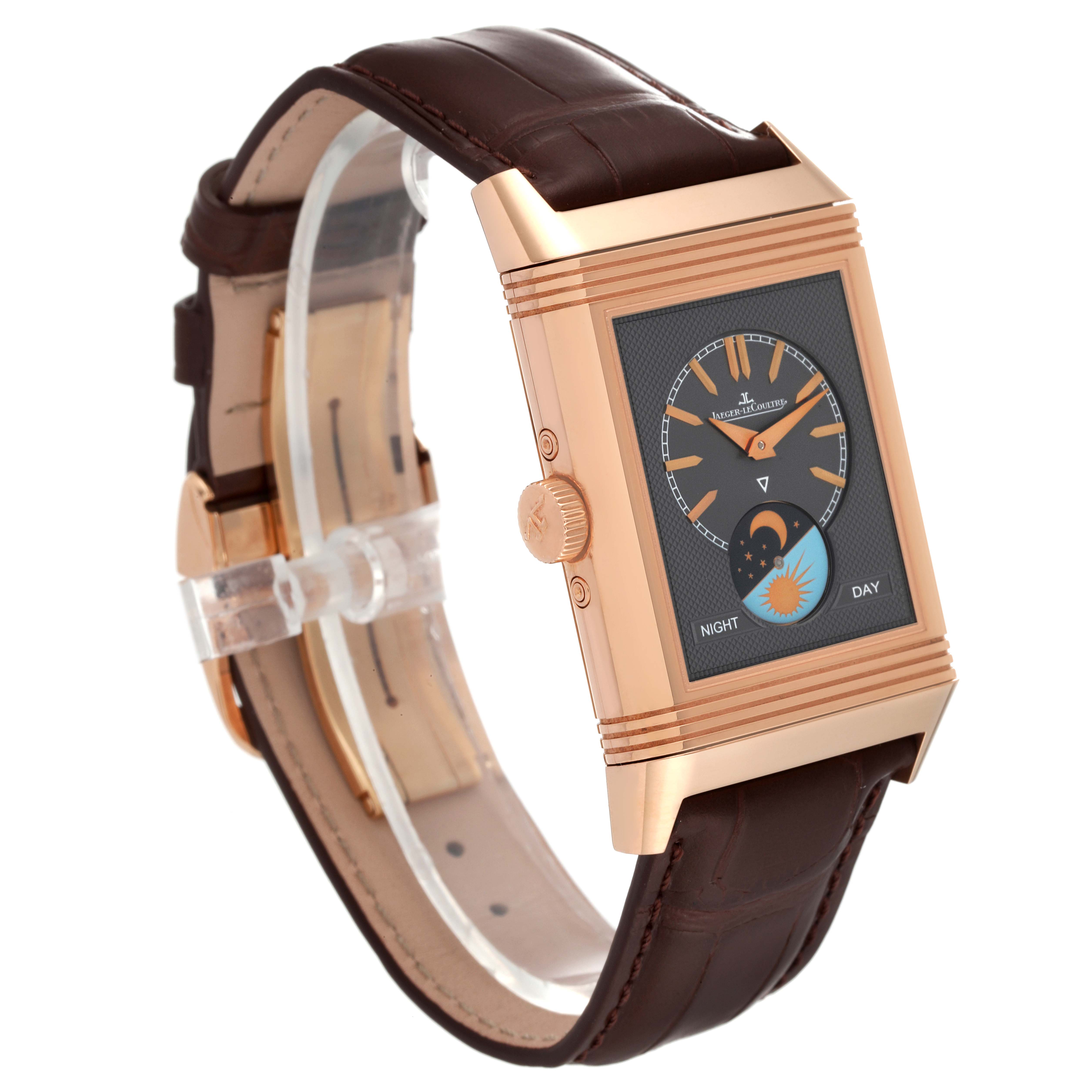 The image shows a side angle of a Jaeger LeCoultre Reverso Q3912420 Men's Rose Gold Silver Dial Q3912420 Men's Rose Gold Silver Dial watch, highlighting its rectangular case, dial, crown, and leather strap.