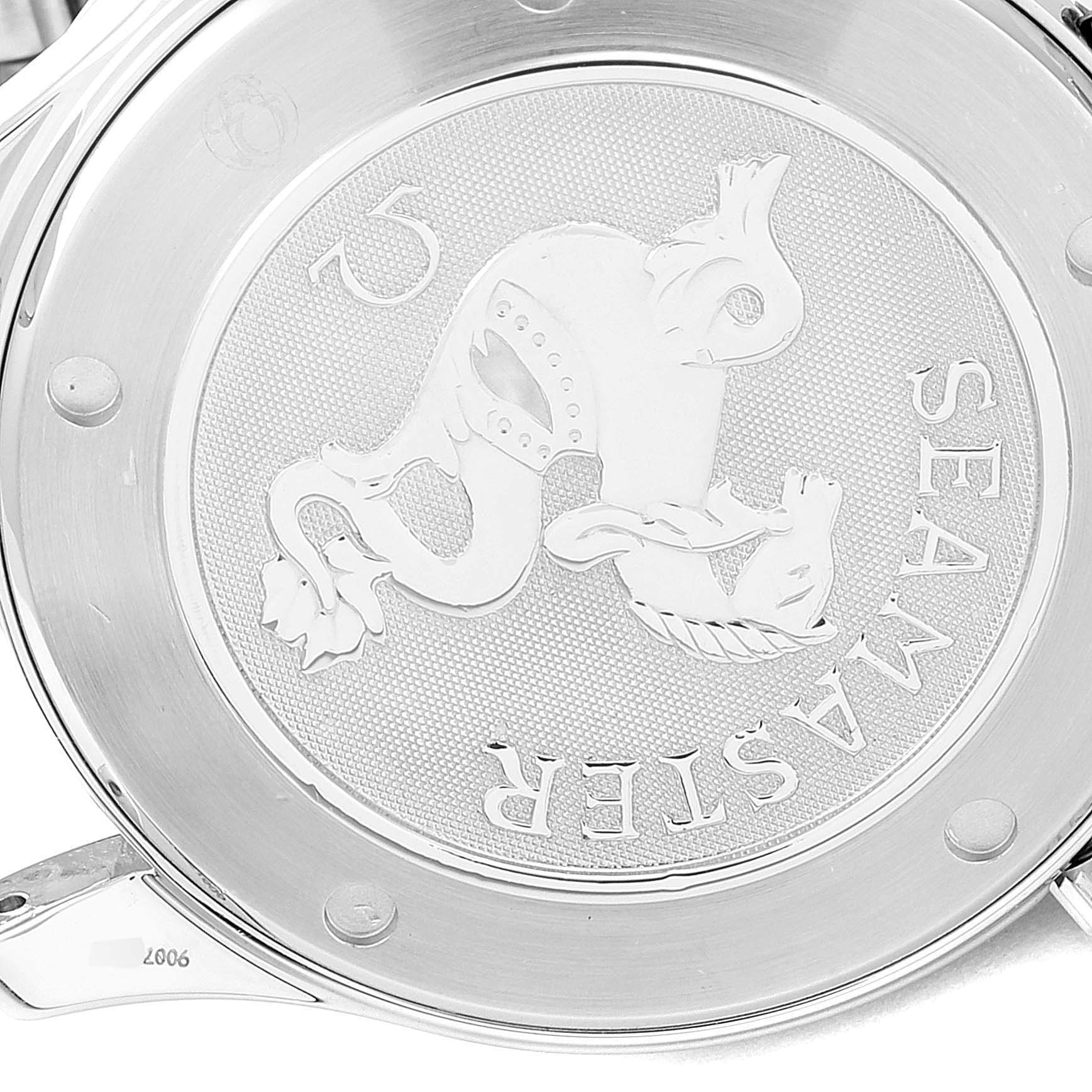 The image shows the stainless steel backside of an Omega Seamaster 2221.80.00 Men
s Stainless Steel Blue Dial 2221.80.00 Men
s Stainless Steel Blue Dial watch, featuring the engraved logo.