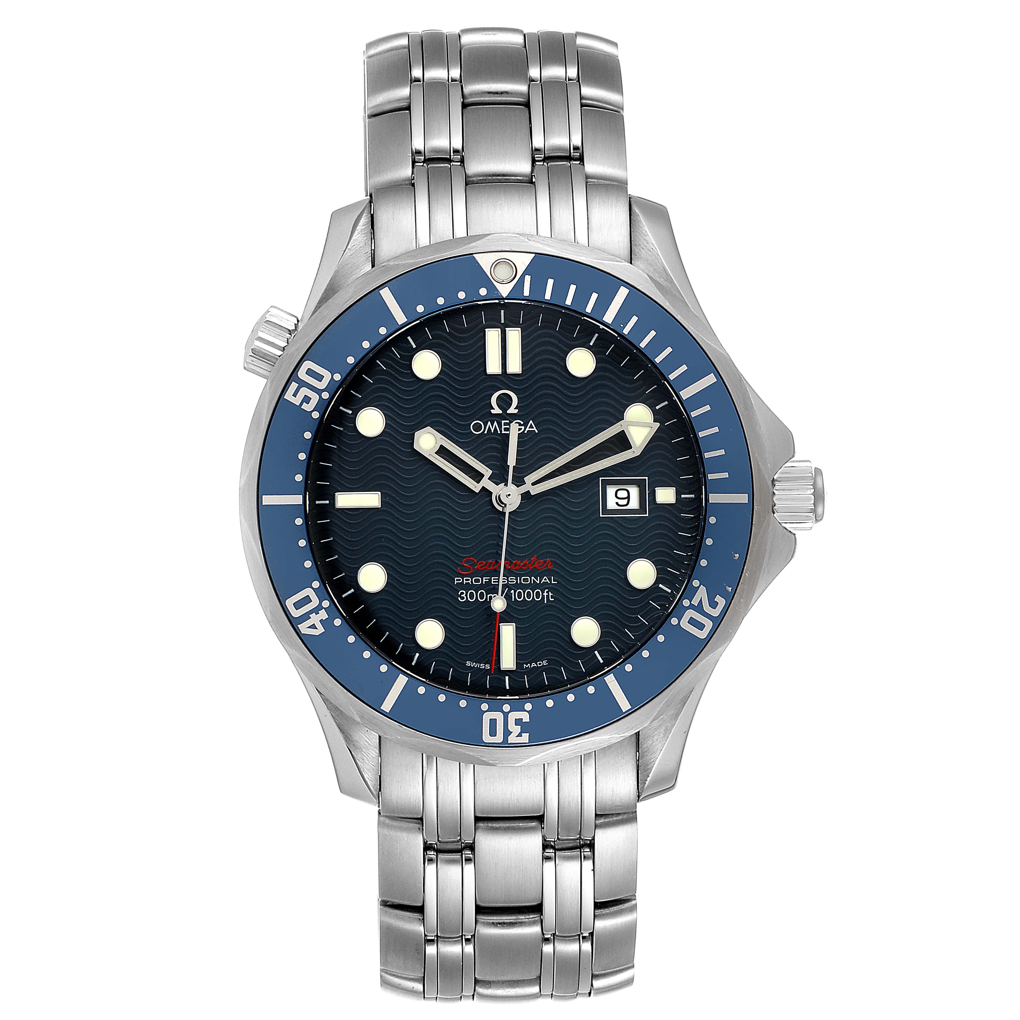 The image shows a front view of an Omega Seamaster 2221.80.00 Men
s Stainless Steel Blue Dial 2221.80.00 Men
s Stainless Steel Blue Dial watch, displaying the face, bezel, and metal bracelet.
