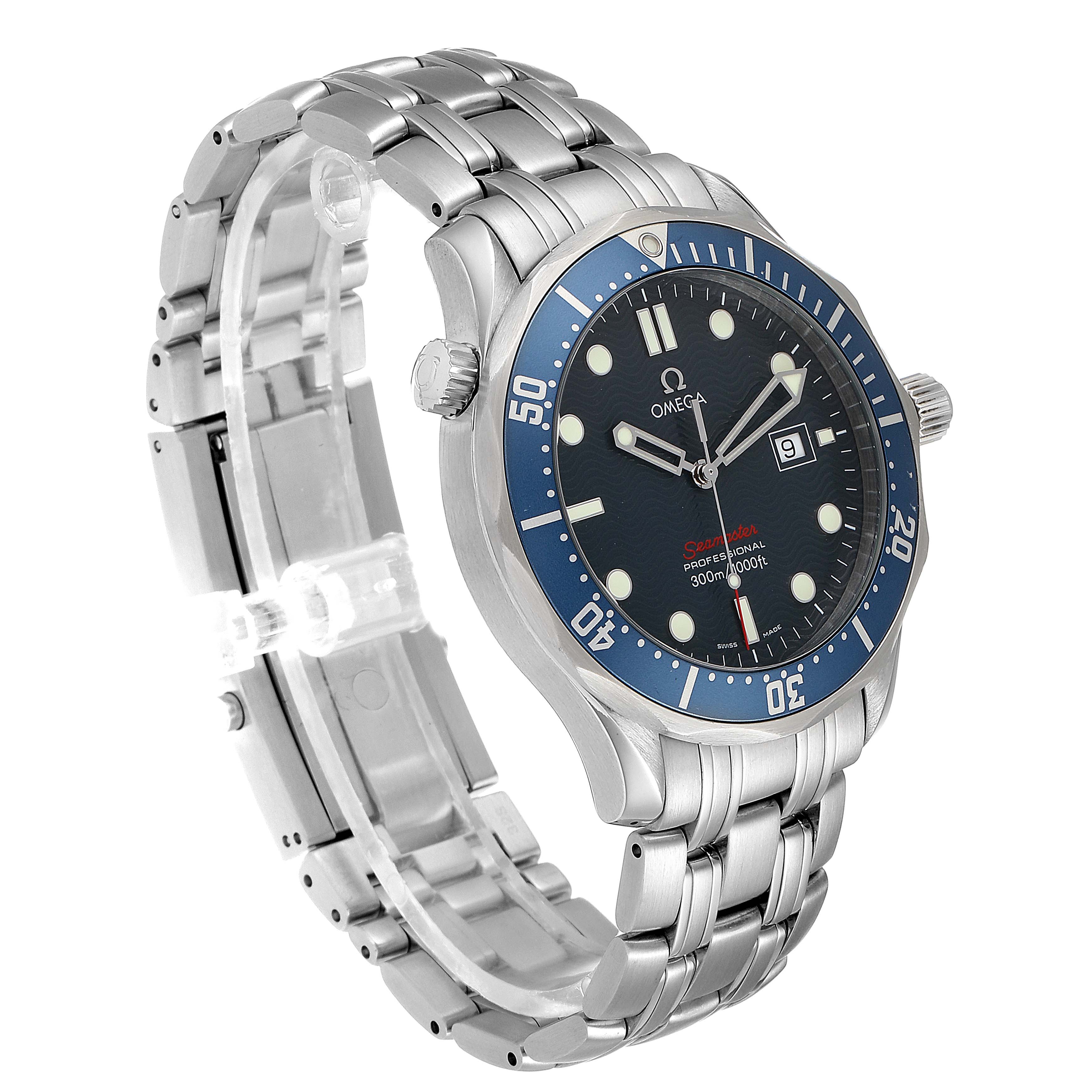 The image shows an angled view of the Omega Seamaster 2221.80.00 Men
s Stainless Steel Blue Dial 2221.80.00 Men
s Stainless Steel Blue Dial watch, highlighting its blue dial, bezel, and stainless steel bracelet.