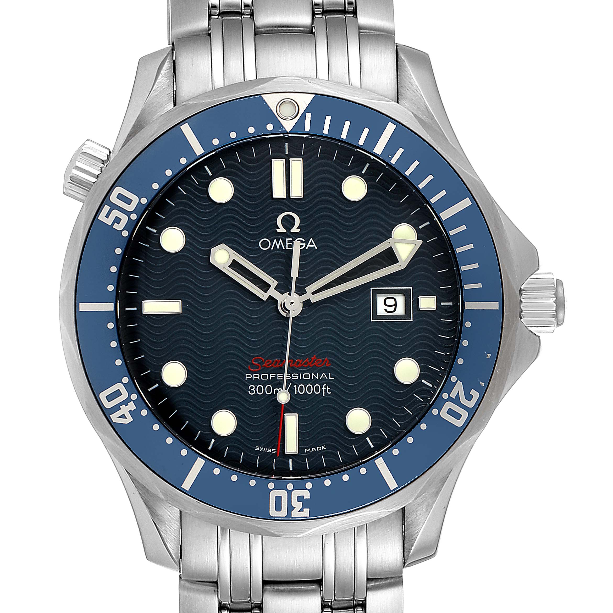 The image shows a front view of an Omega Seamaster 2221.80.00 Men
s Stainless Steel Blue Dial 2221.80.00 Men
s Stainless Steel Blue Dial watch with a blue dial, bezel, and stainless steel bracelet.