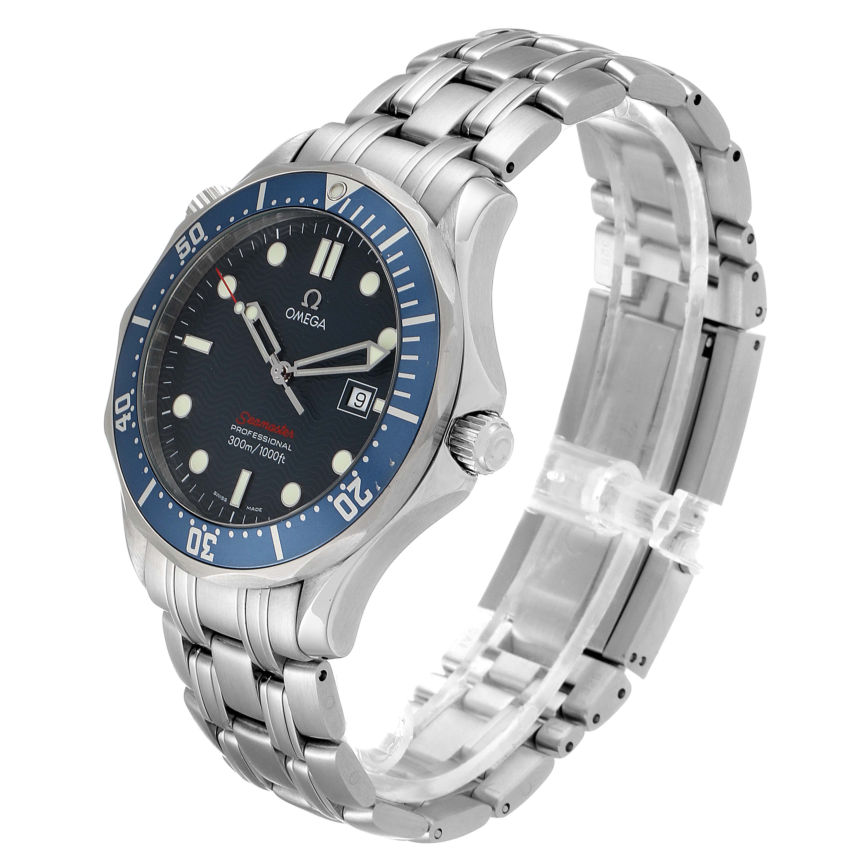 The image shows an Omega Seamaster 2221.80.00 Men
s Stainless Steel Blue Dial 2221.80.00 Men
s Stainless Steel Blue Dial watch at a three-quarter angle, highlighting its bracelet, bezel, dial, and crown.