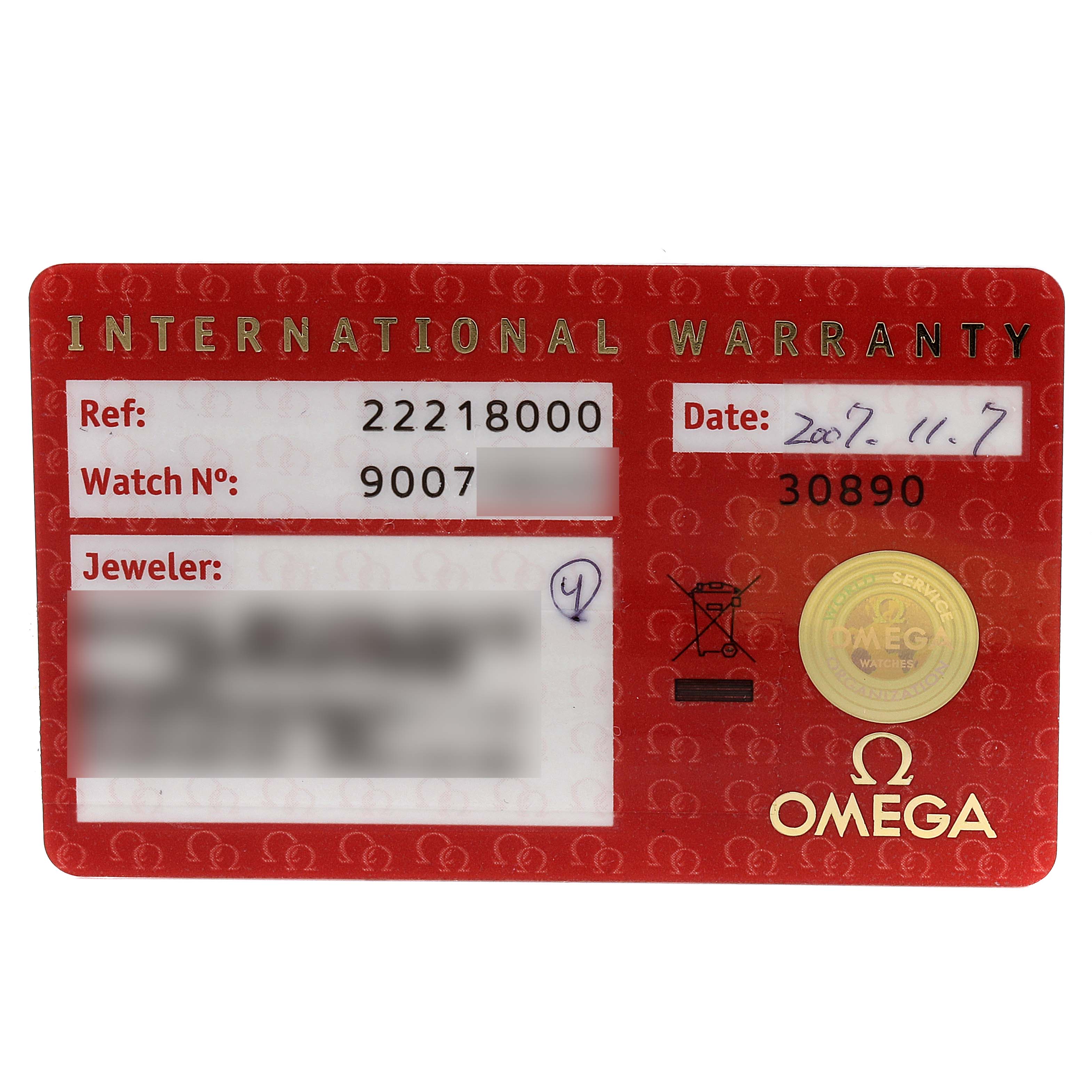 The image shows the International Warranty card for the Omega Seamaster 2221.80.00 Men
s Stainless Steel Blue Dial 2221.80.00 Men
s Stainless Steel Blue Dial watch model.