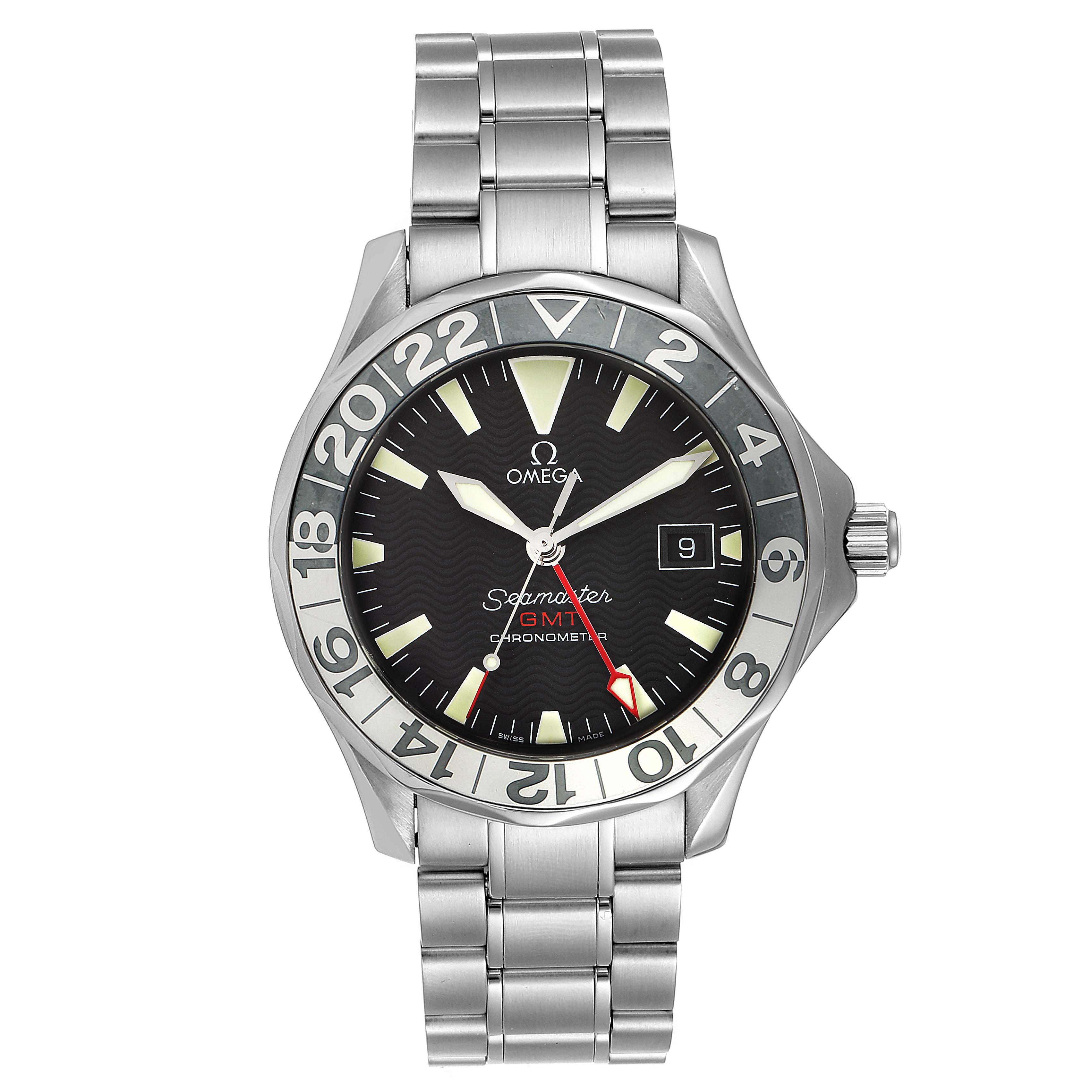 The Omega Seamaster 2234.50.00 Men
s Stainless Steel Black Dial 2234.50.00 Men
s Stainless Steel Black Dial watch is shown from a front angle displaying its dial, bezel, hands, and stainless steel bracelet.